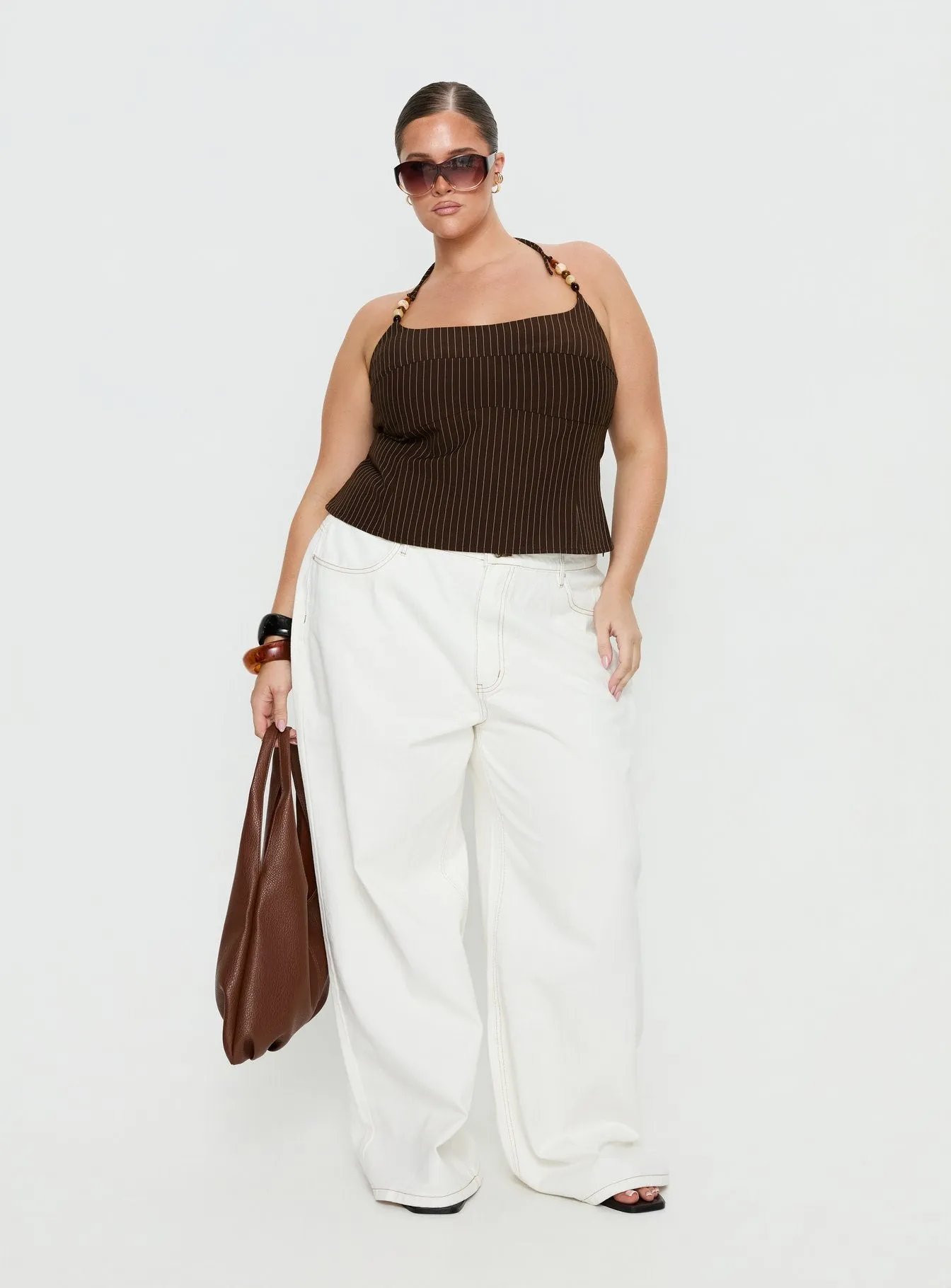 Cherise Bead Detail Top Brown Pinstripe Curve sold by Princess Polly product image thumbnail 2