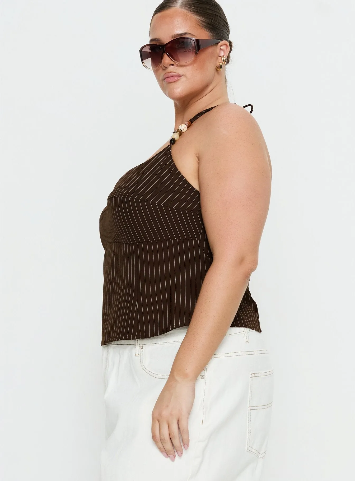 Cherise Bead Detail Top Brown Pinstripe Curve sold by Princess Polly product image thumbnail 3