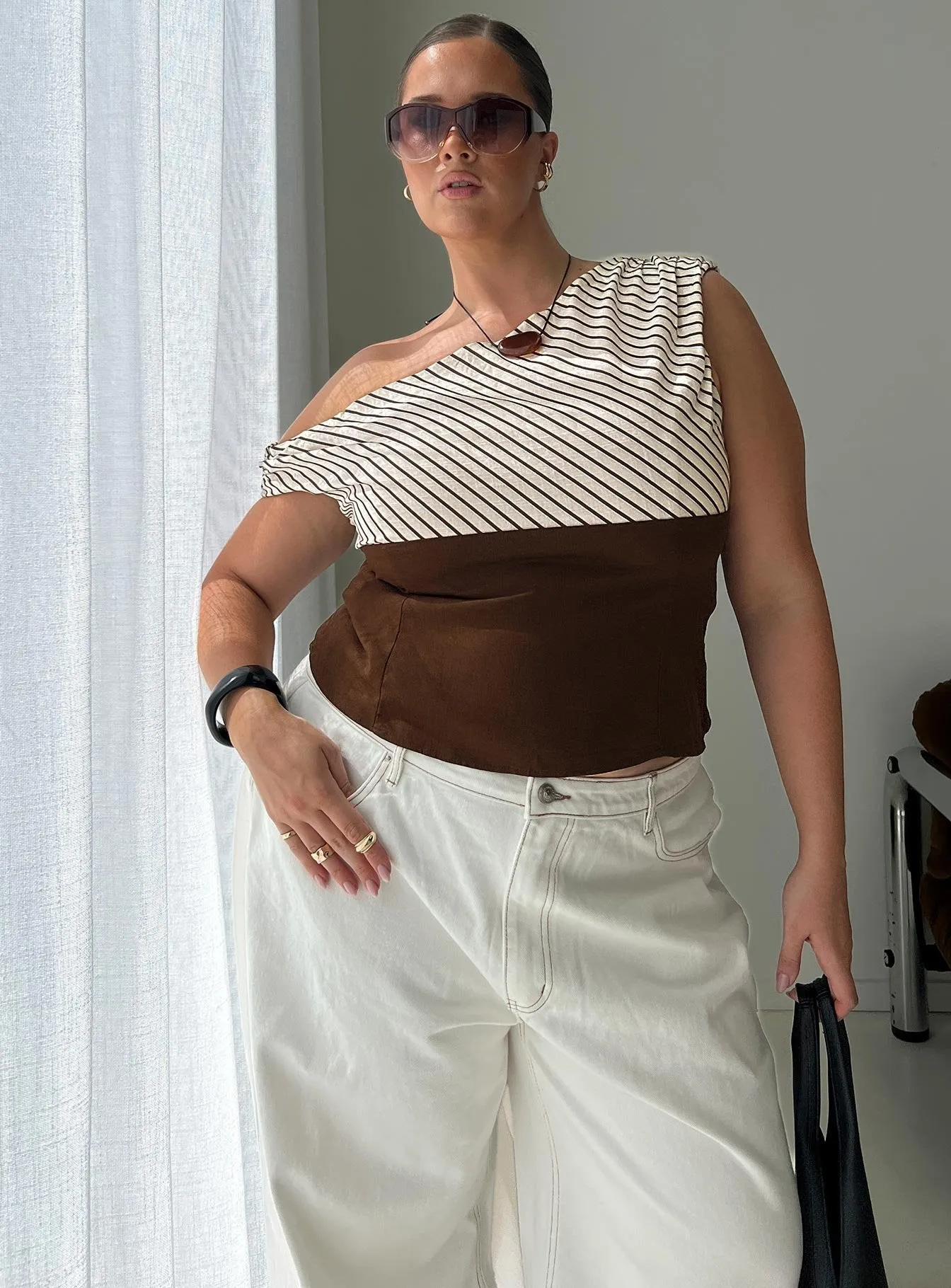 Past Life One Shoulder Top Brown / Stripe Curve sold by Princess Polly