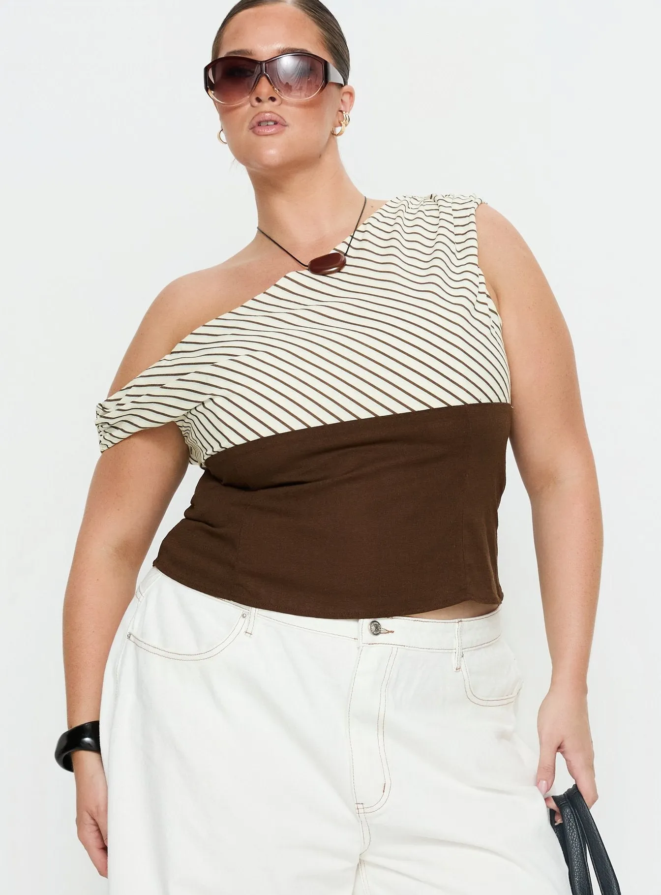 Past Life One Shoulder Top Brown / Stripe Curve sold by Princess Polly product image thumbnail 2