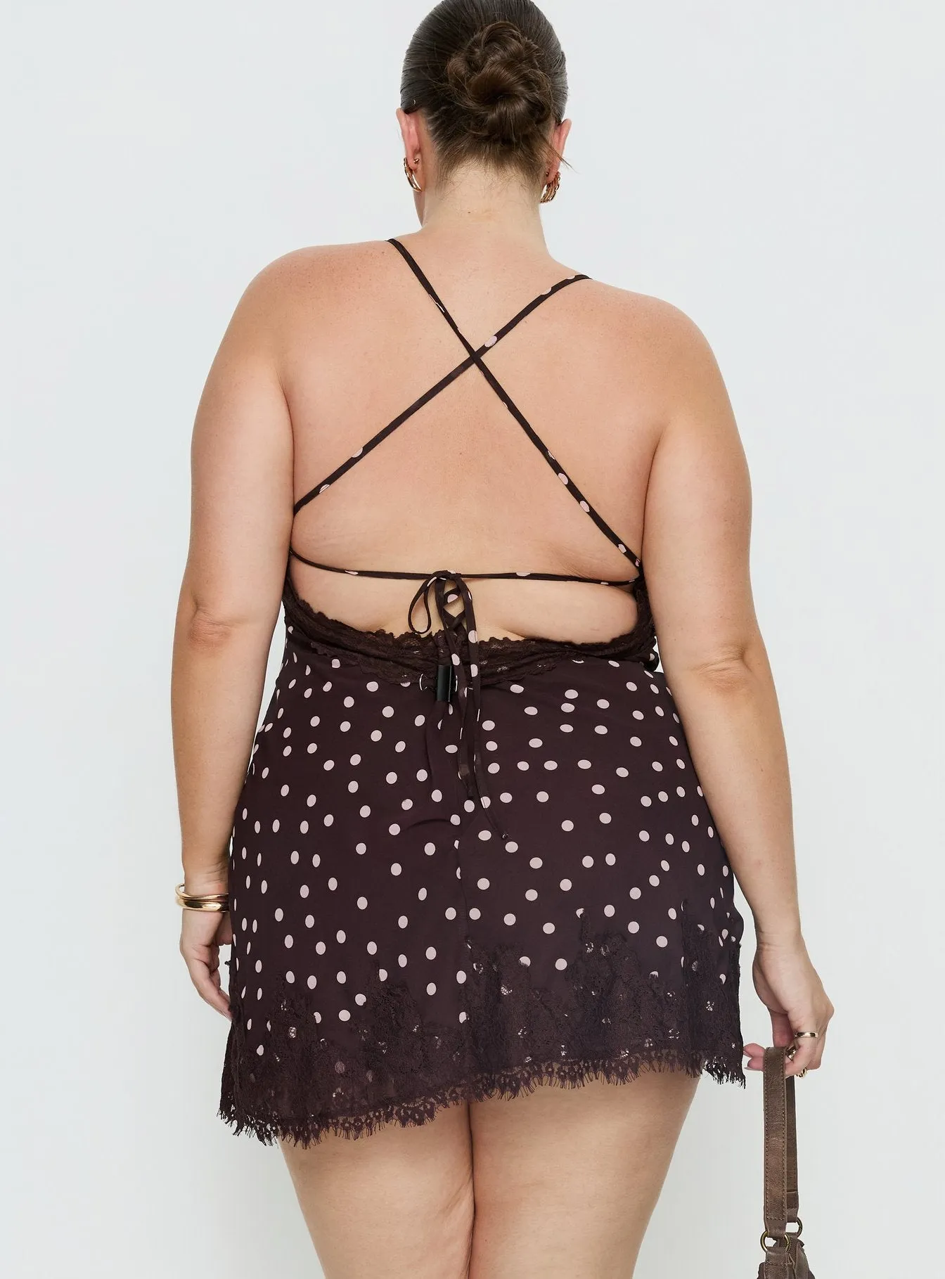 Call My Lover Lace Slip Mini Dress Brown Polka Curve sold by Princess Polly product image thumbnail 5