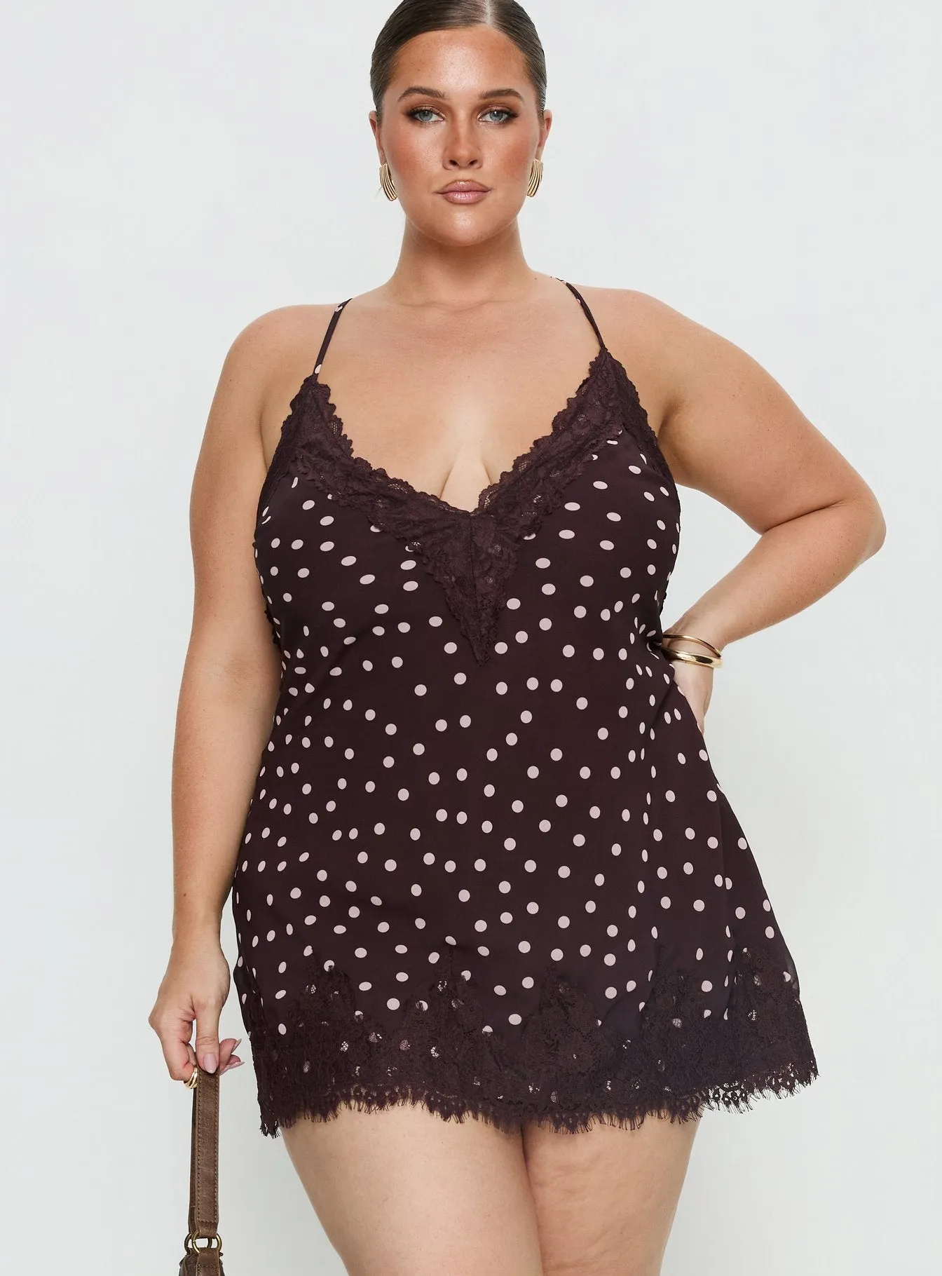 Call My Lover Lace Slip Mini Dress Brown Polka Curve sold by Princess Polly product image thumbnail 2
