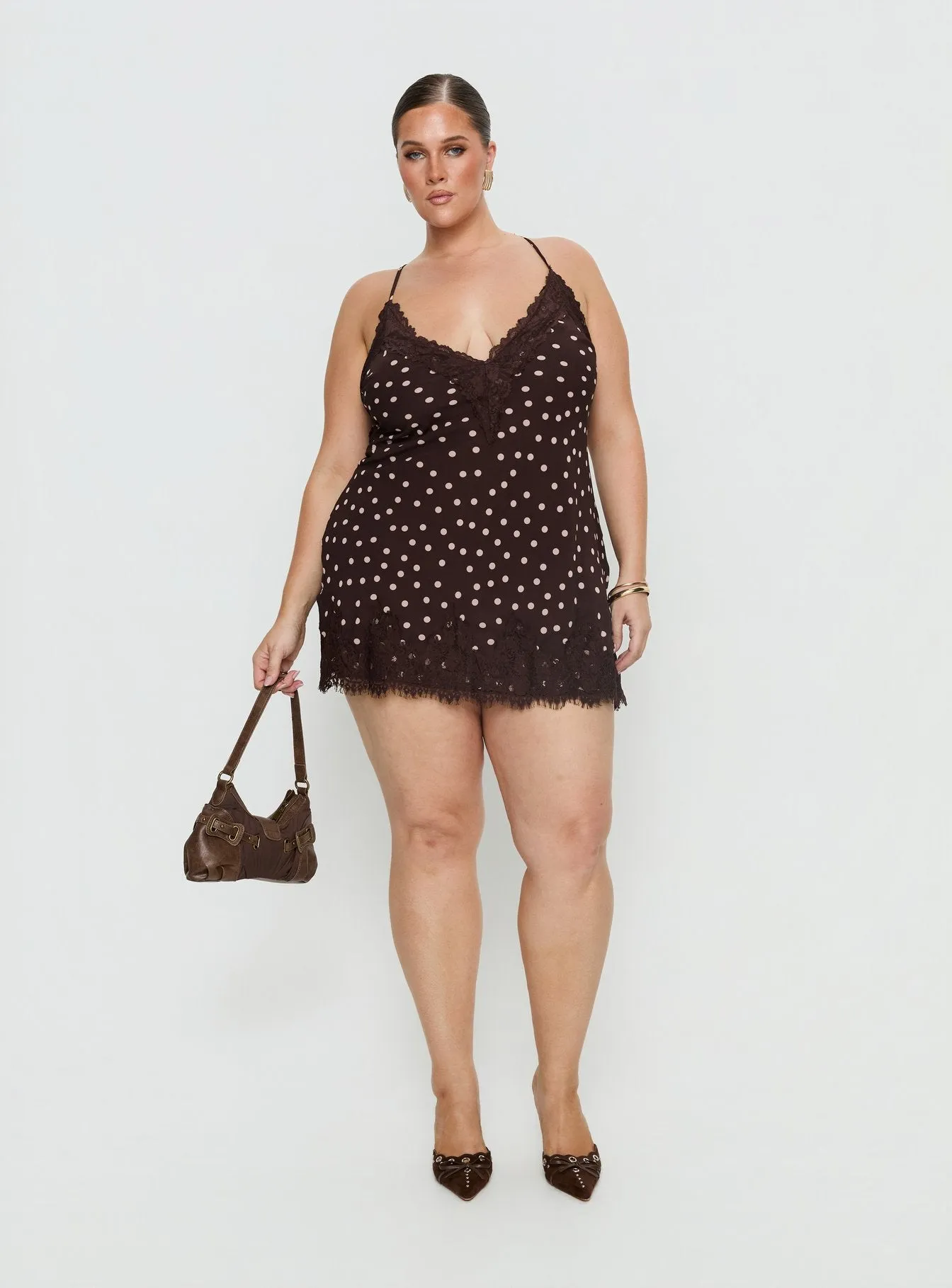 Call My Lover Lace Slip Mini Dress Brown Polka Curve sold by Princess Polly product image thumbnail 3
