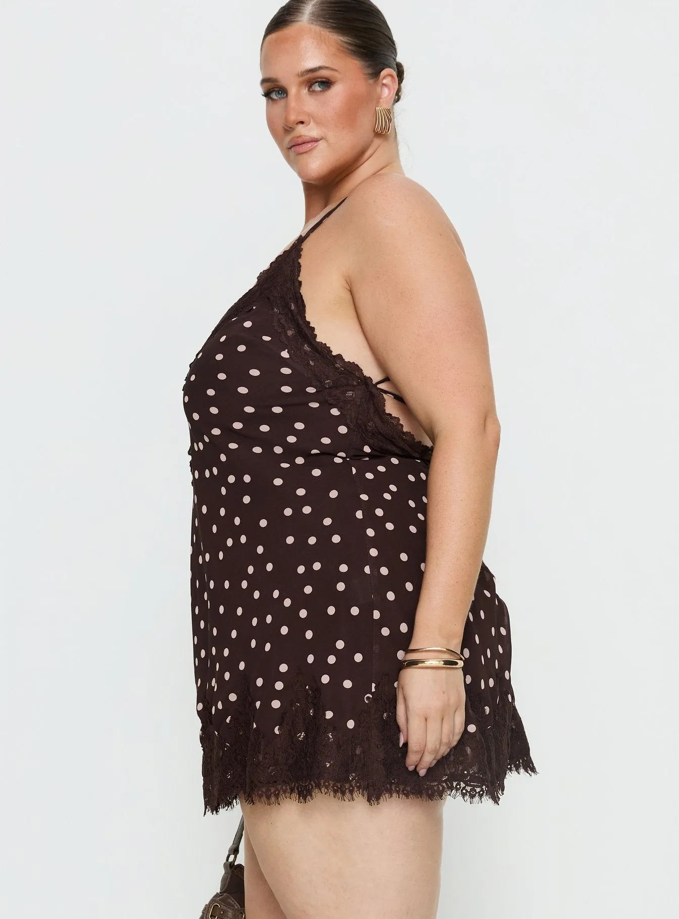 Call My Lover Lace Slip Mini Dress Brown Polka Curve sold by Princess Polly product image thumbnail 4