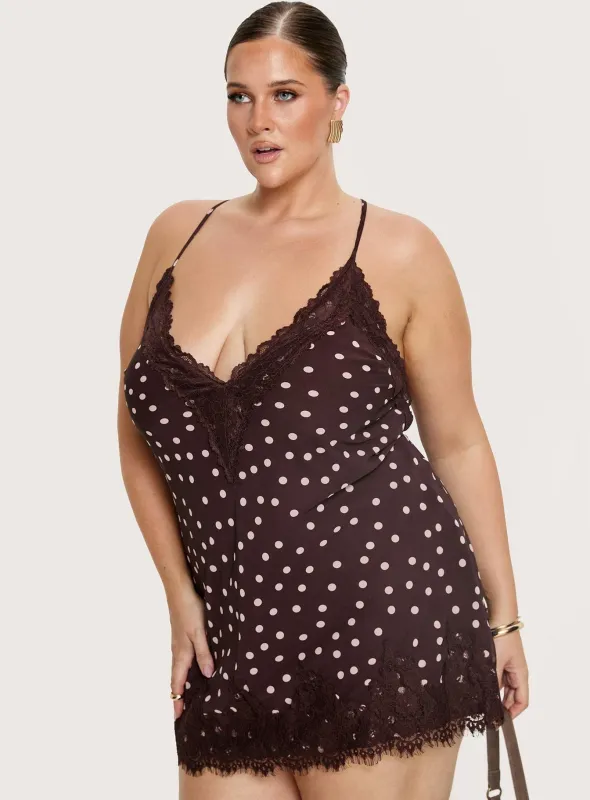Call My Lover Lace Slip Mini Dress Brown Polka Curve made by Princess Polly