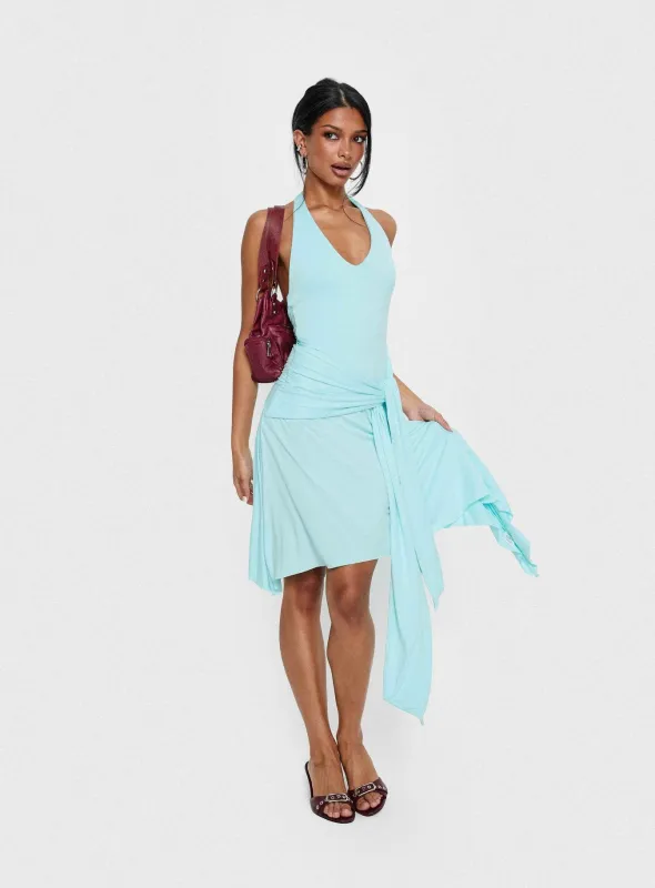 Moonlit Honey Asymmetrical Halter Jersey Midi Dress Turquoise made by Princess Polly
