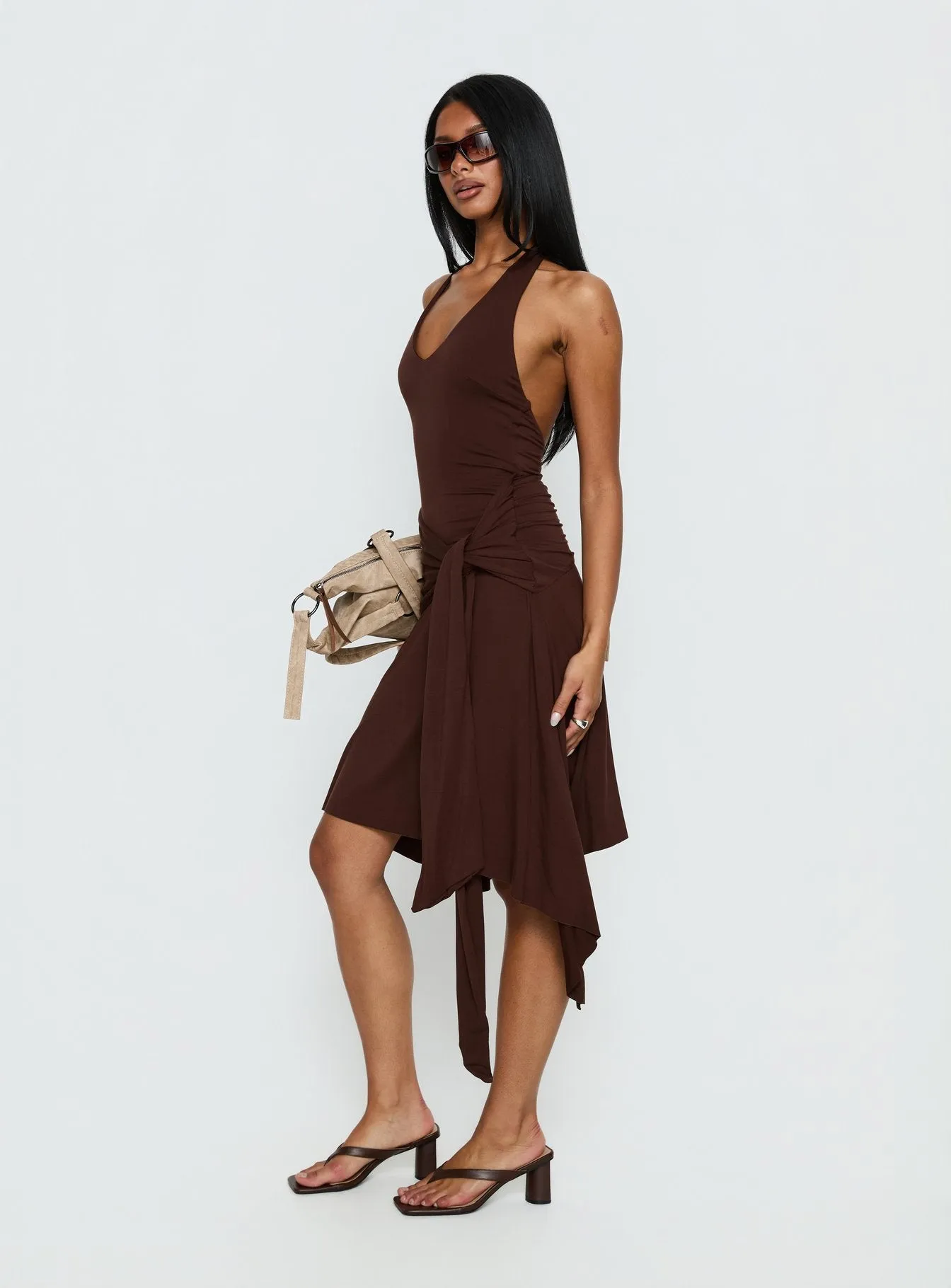 Moonlit Honey Asymmetrical Halter Jersey Midi Dress Chocolate sold by Princess Polly product image thumbnail 4