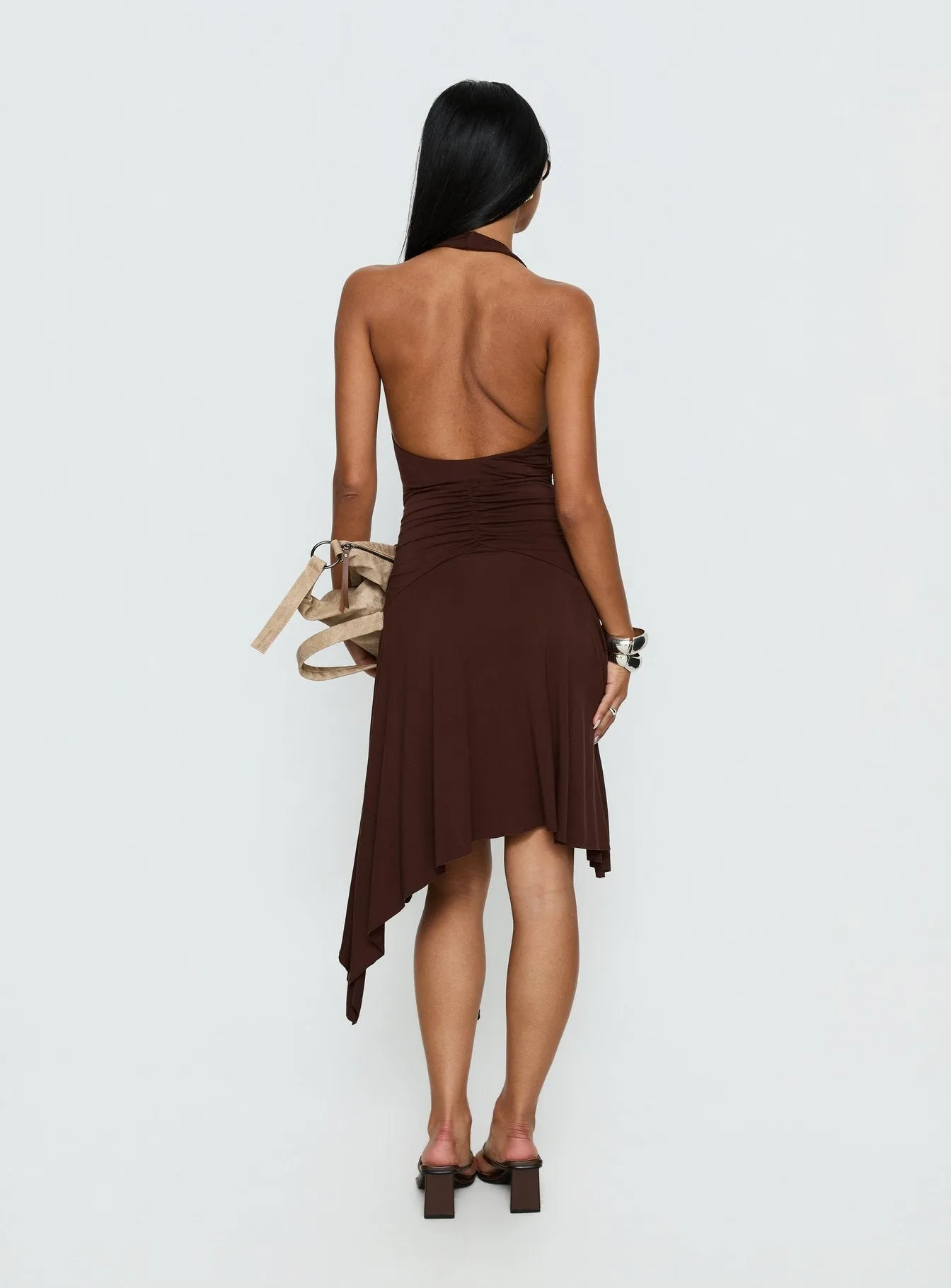 Moonlit Honey Asymmetrical Halter Jersey Midi Dress Chocolate sold by Princess Polly product image thumbnail 5