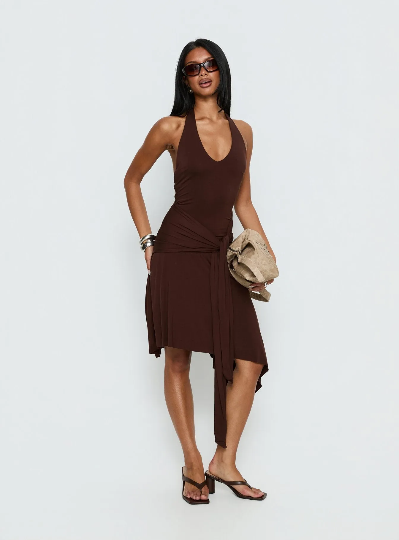 Moonlit Honey Asymmetrical Halter Jersey Midi Dress Chocolate sold by Princess Polly product image thumbnail 2