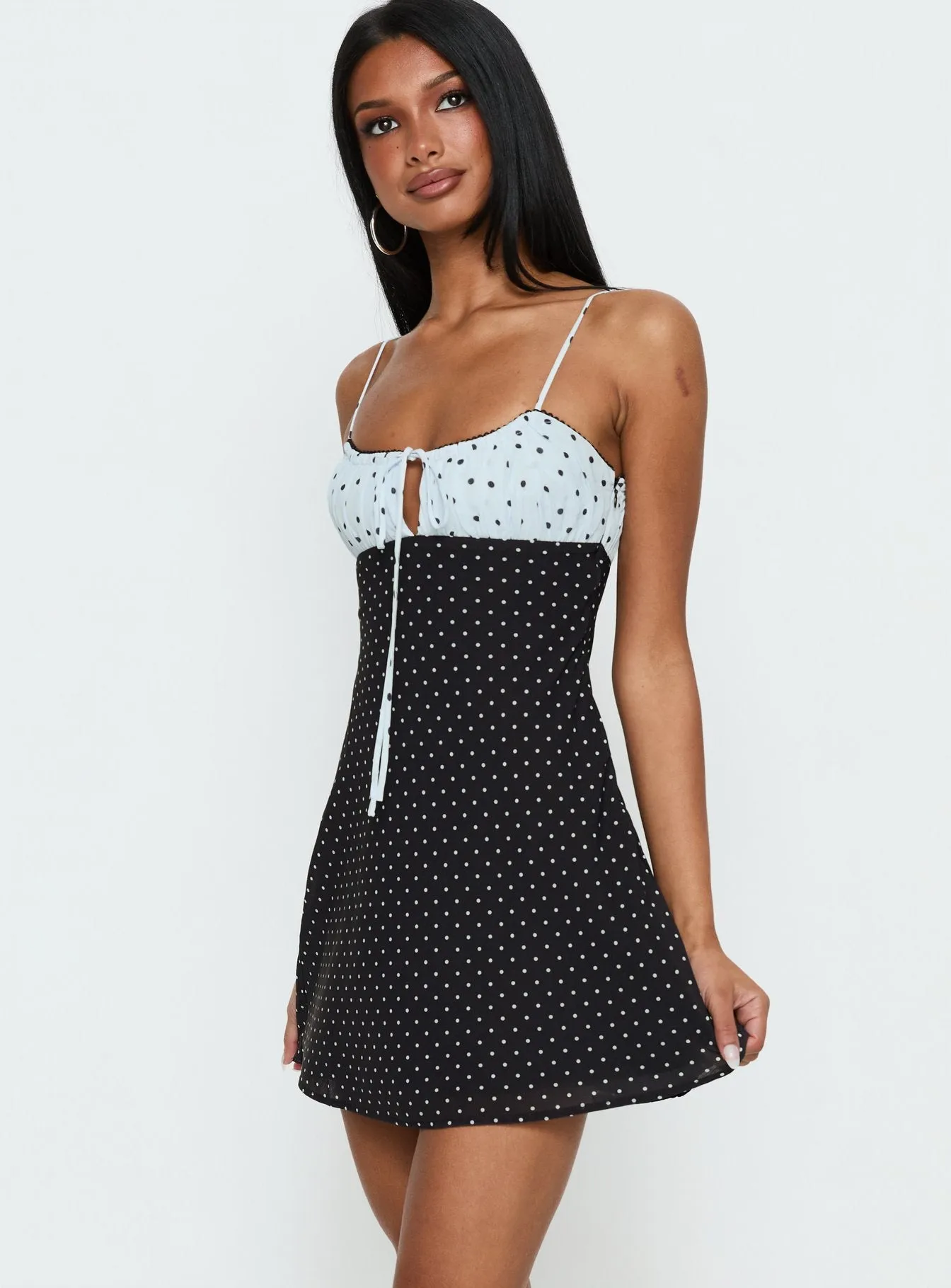 Rylann Contrast Tie Detail Mini Dress Navy / Blue Polka sold by Princess Polly product image thumbnail 4