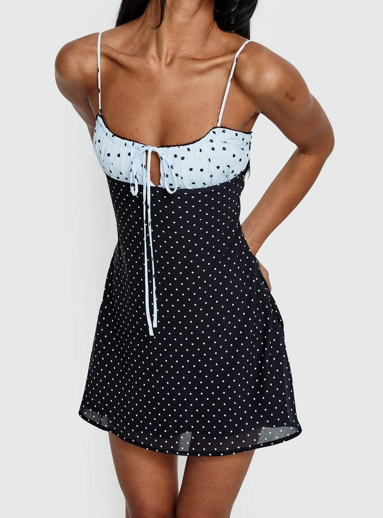 Rylann Contrast Tie Detail Mini Dress Navy / Blue Polka sold by Princess Polly