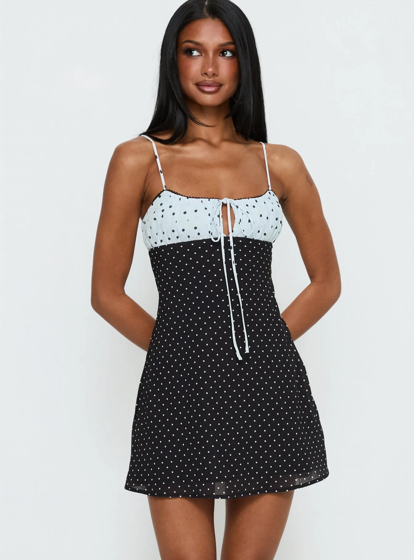 Rylann Contrast Tie Detail Mini Dress Navy / Blue Polka sold by Princess Polly product image thumbnail 2
