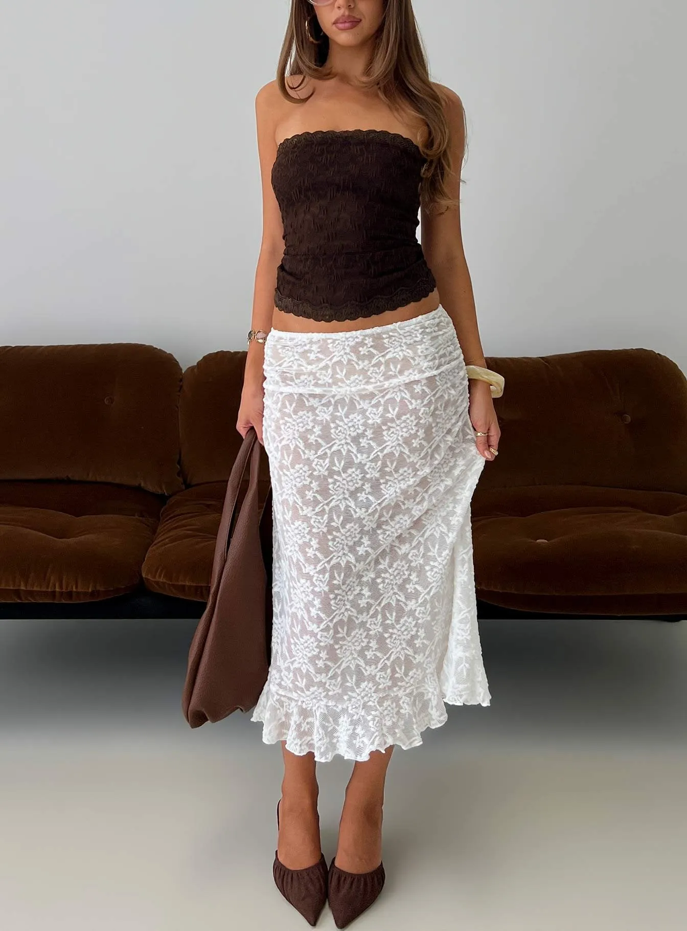 Toscani Lace Frill Midi Skirt White sold by Princess Polly