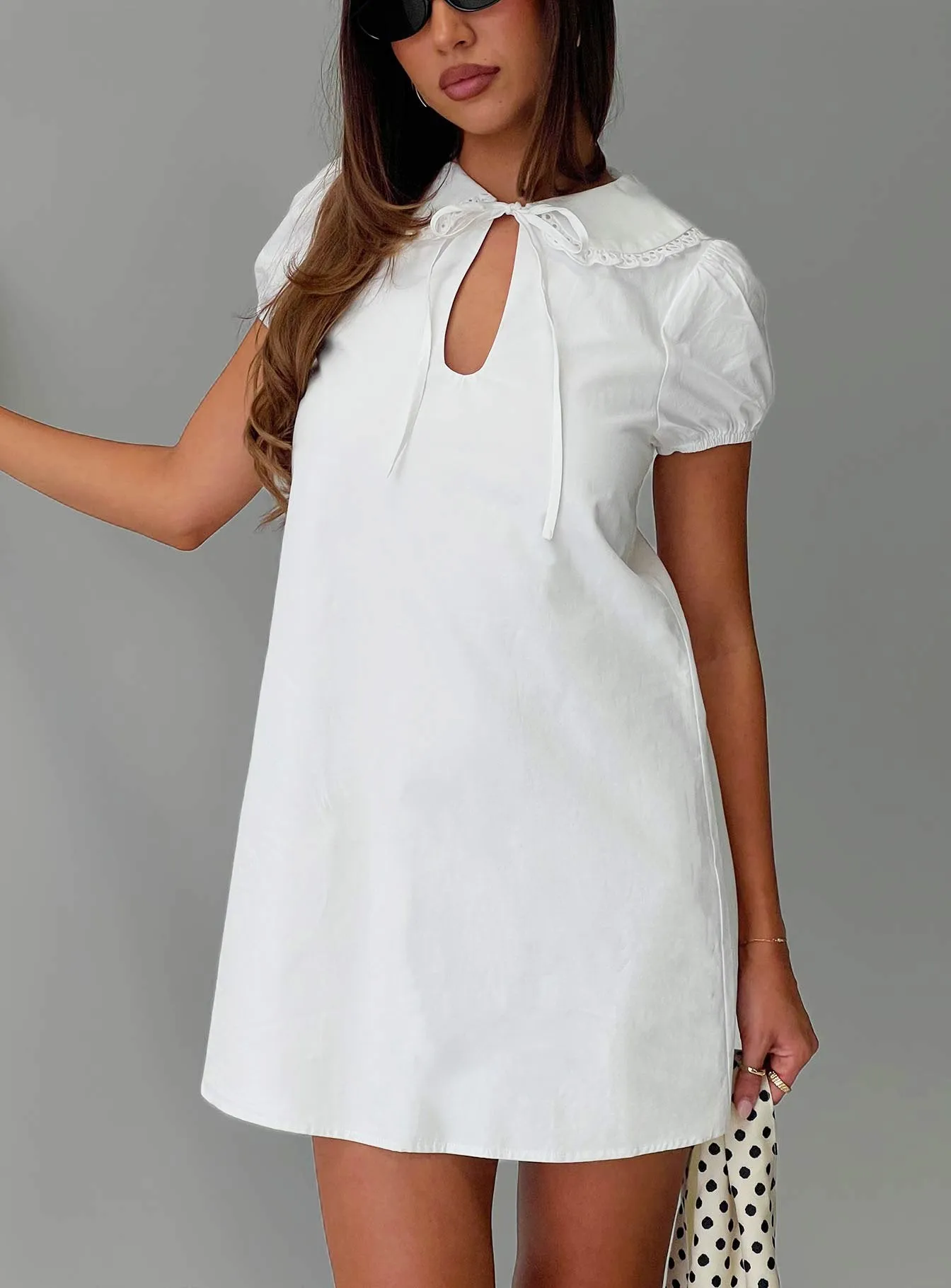 You've Got Mail Lace Trim Keyhole Mini Dress White sold by Princess Polly