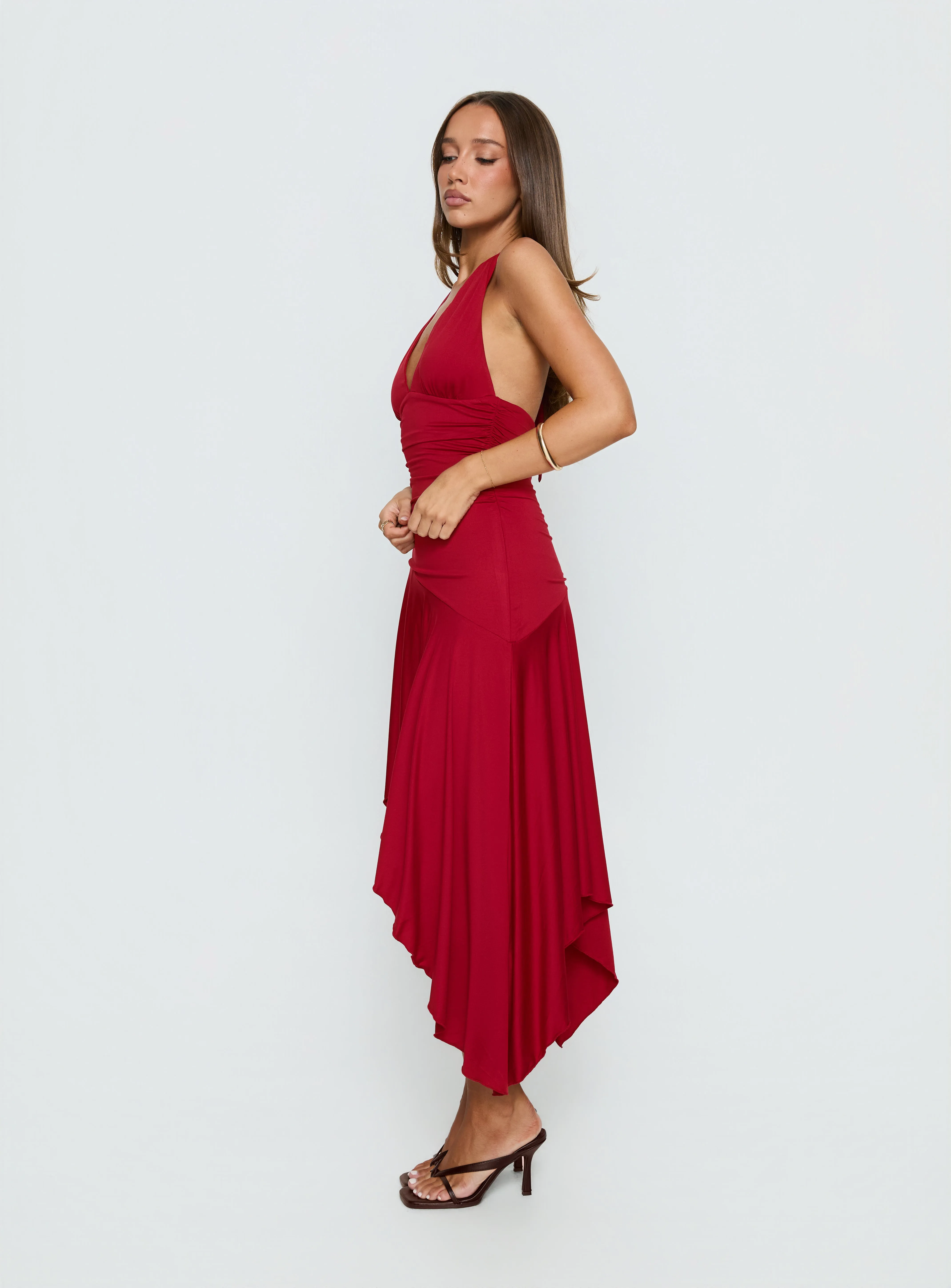 Emara Halter Asymmetrical Midi Dress Red sold by Princess Polly product image thumbnail 4