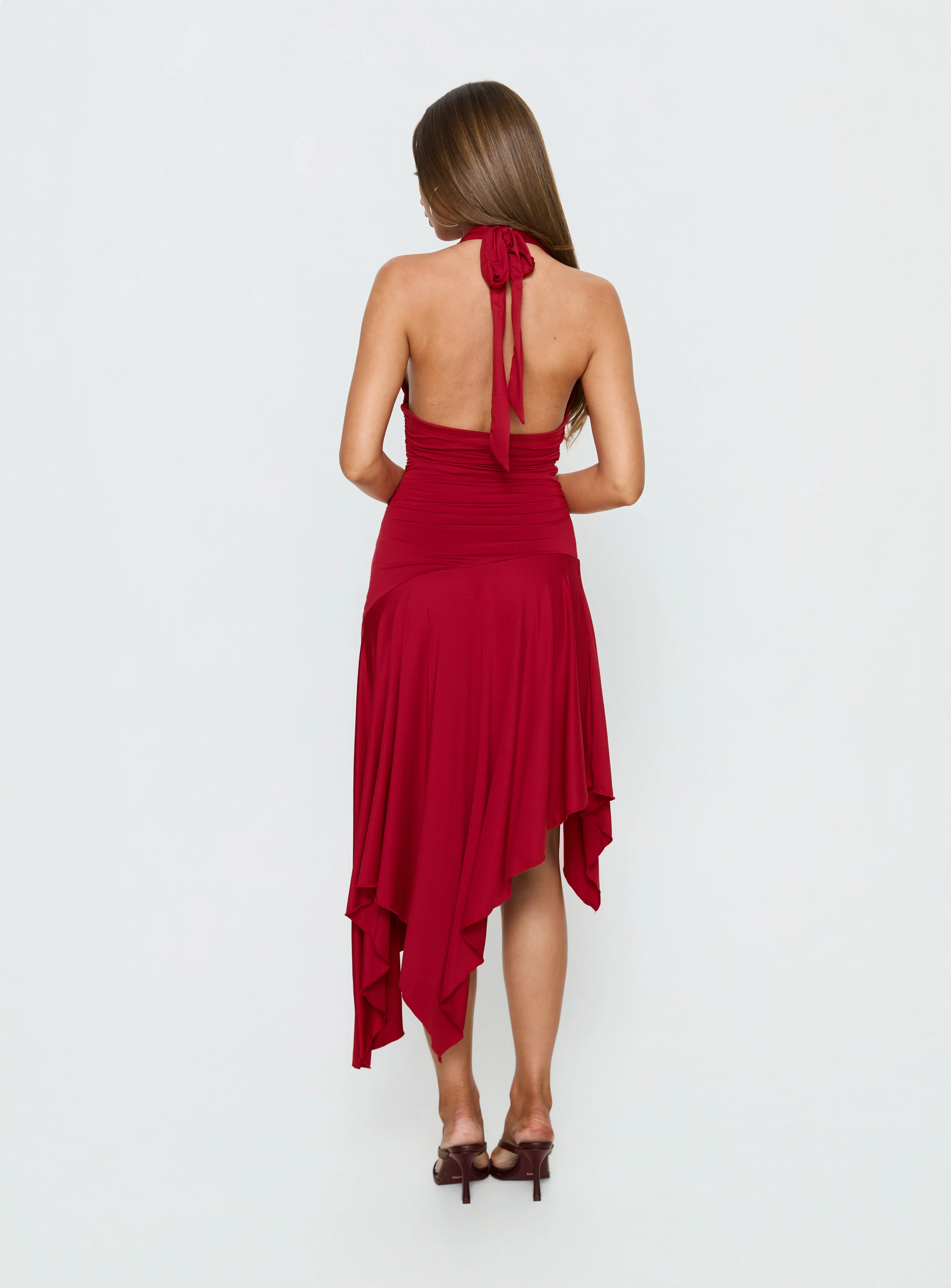 Emara Halter Asymmetrical Midi Dress Red sold by Princess Polly product image thumbnail 5