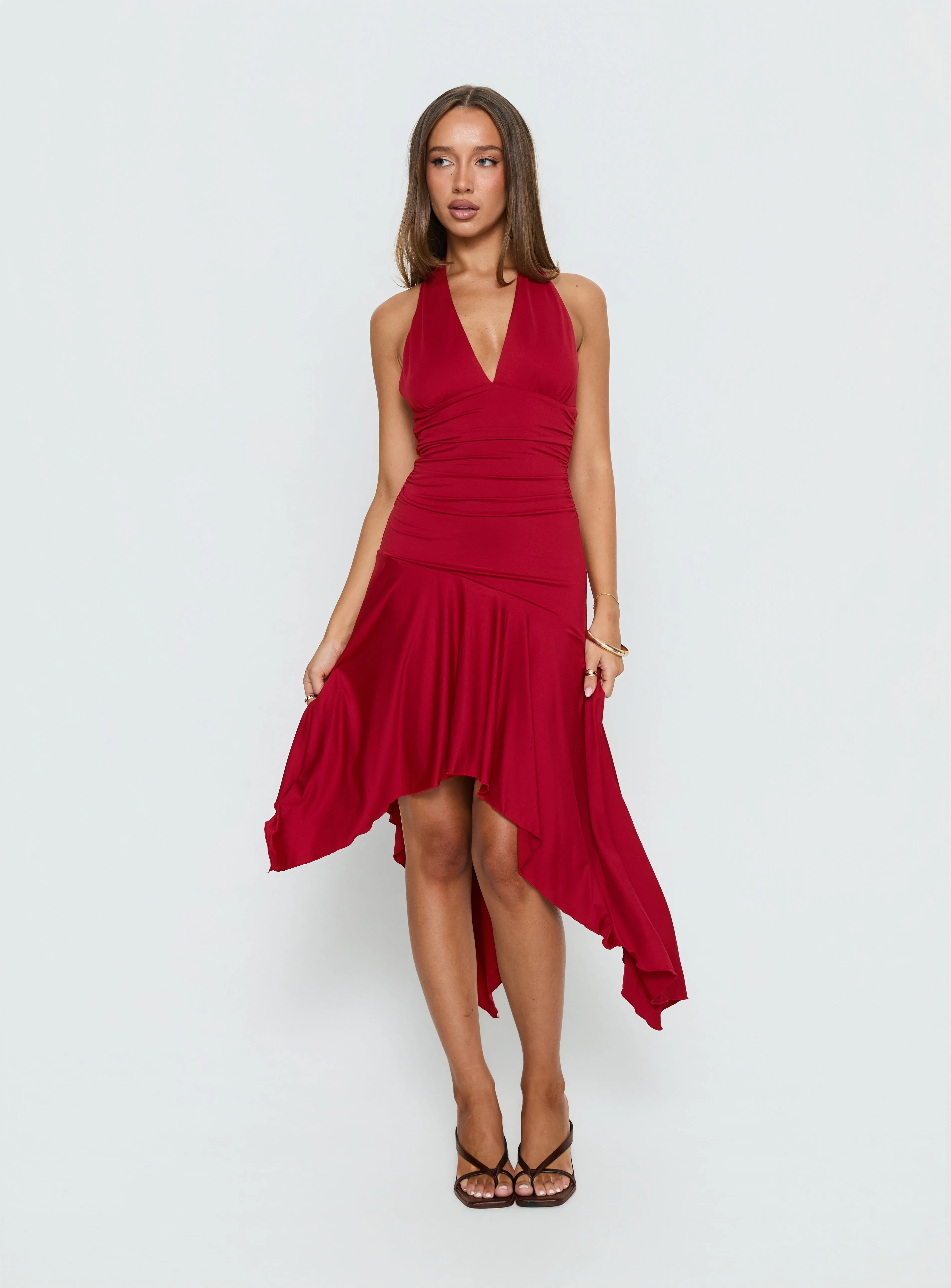Emara Halter Asymmetrical Midi Dress Red sold by Princess Polly product image thumbnail 2