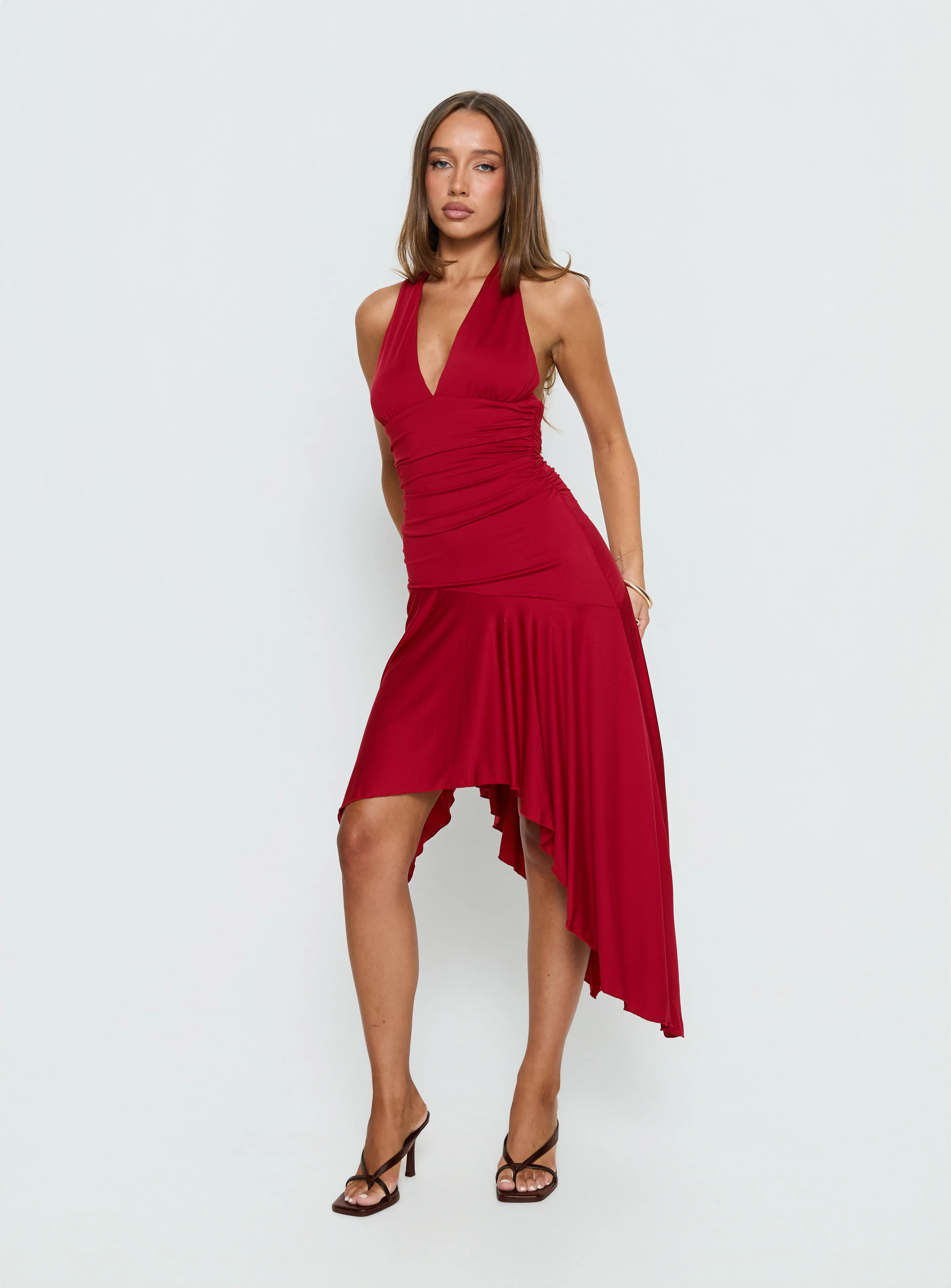 Emara Halter Asymmetrical Midi Dress Red sold by Princess Polly product image thumbnail 3