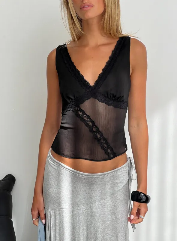 No Place Like Home Lace Trim V-Neck Top Black made by Princess Polly