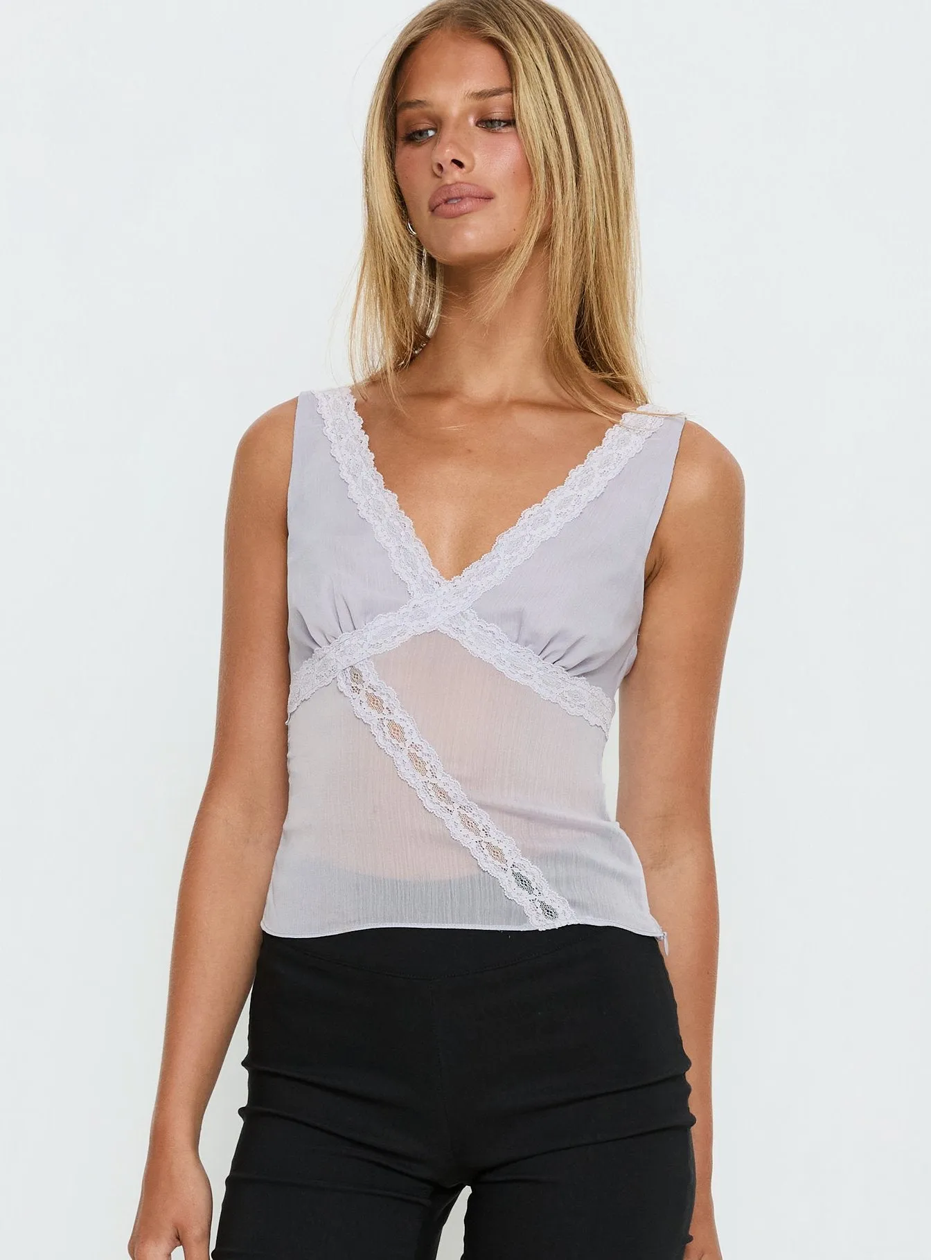 No Place Like Home Lace Trim V-Neck Top Lilac sold by Princess Polly product image thumbnail 2