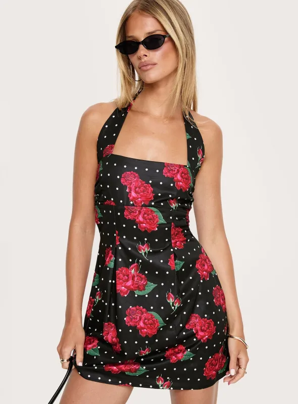 Rosamie Halter Mini Dress Black Polka Floral made by Princess Polly