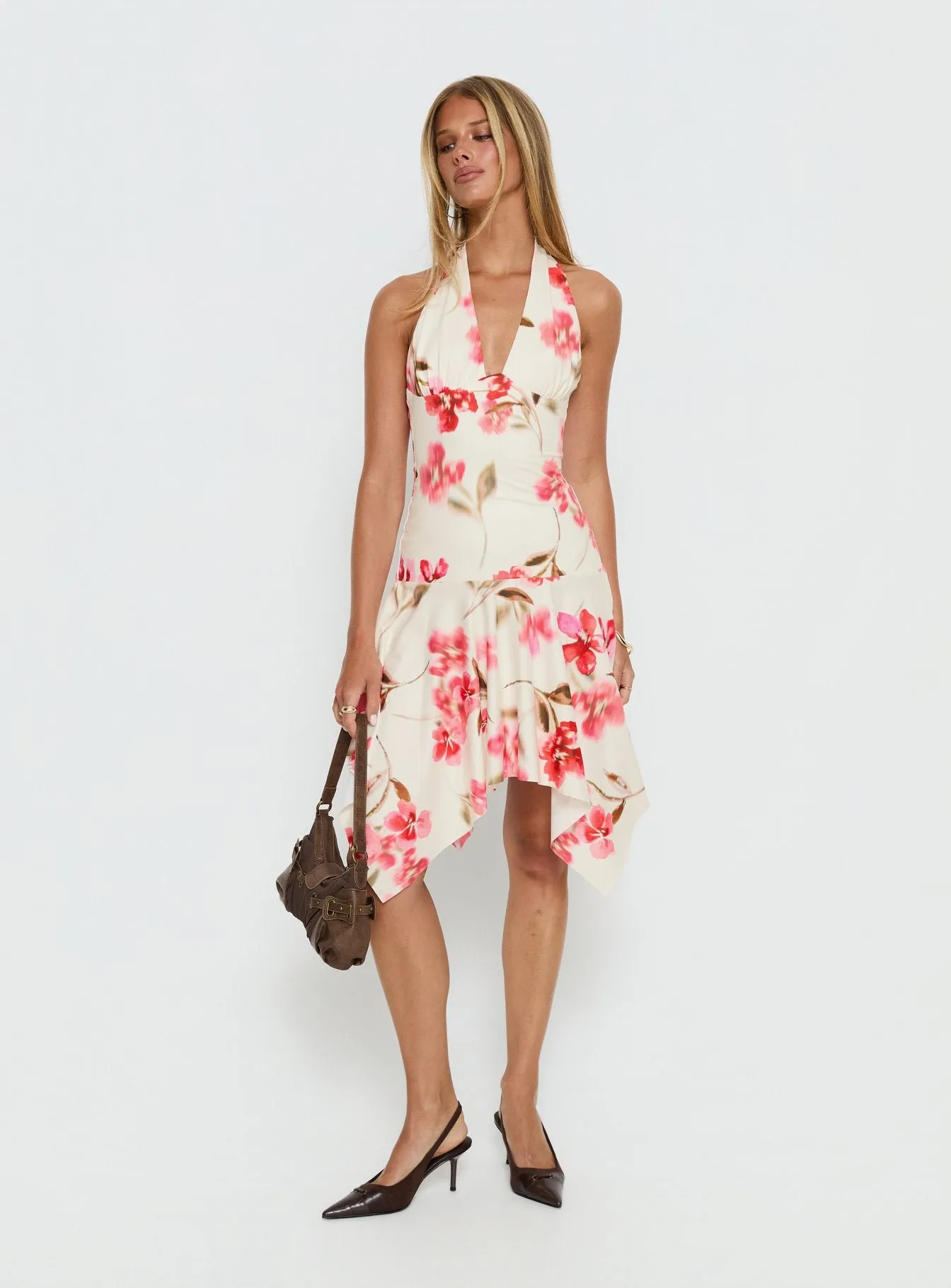 Loreza Halter Asymmetrical Midi Dress Cream Floral sold by Princess Polly product image thumbnail 2