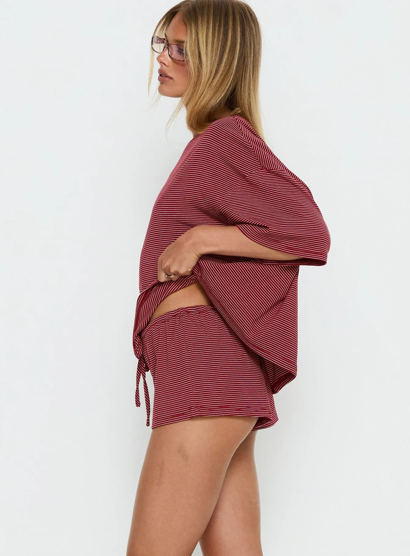 Sugar Surge Tie Waist Shorts Cherry Stripe sold by Princess Polly product image thumbnail 4