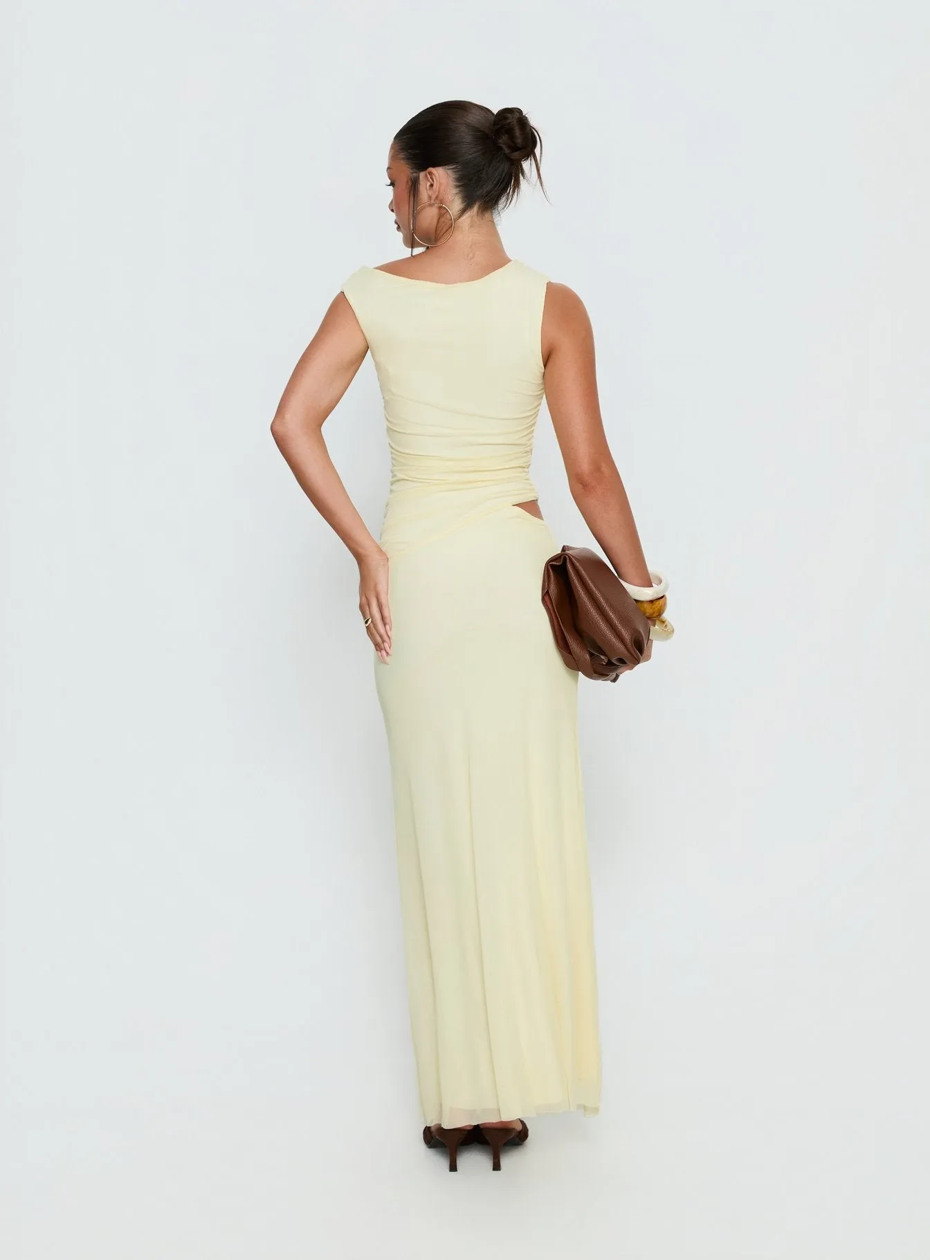 Krystyna Off Shoulder Ruched Mesh Maxi Dress Butter sold by Princess Polly product image thumbnail 5