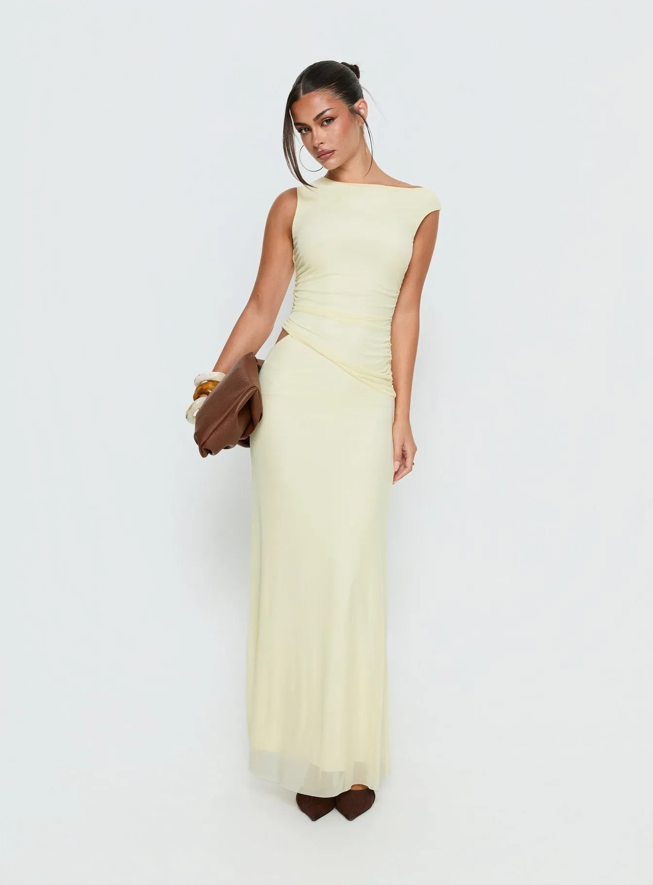 Krystyna Off Shoulder Ruched Mesh Maxi Dress Butter sold by Princess Polly product image thumbnail 2