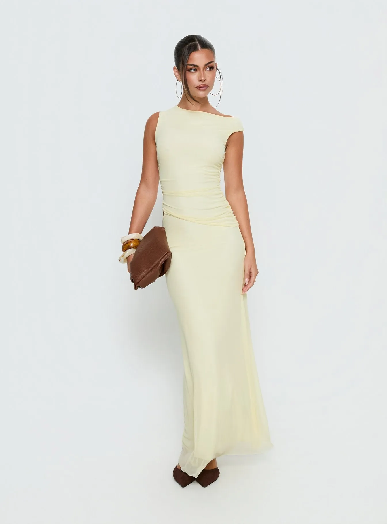 Krystyna Off Shoulder Ruched Mesh Maxi Dress Butter sold by Princess Polly product image thumbnail 3