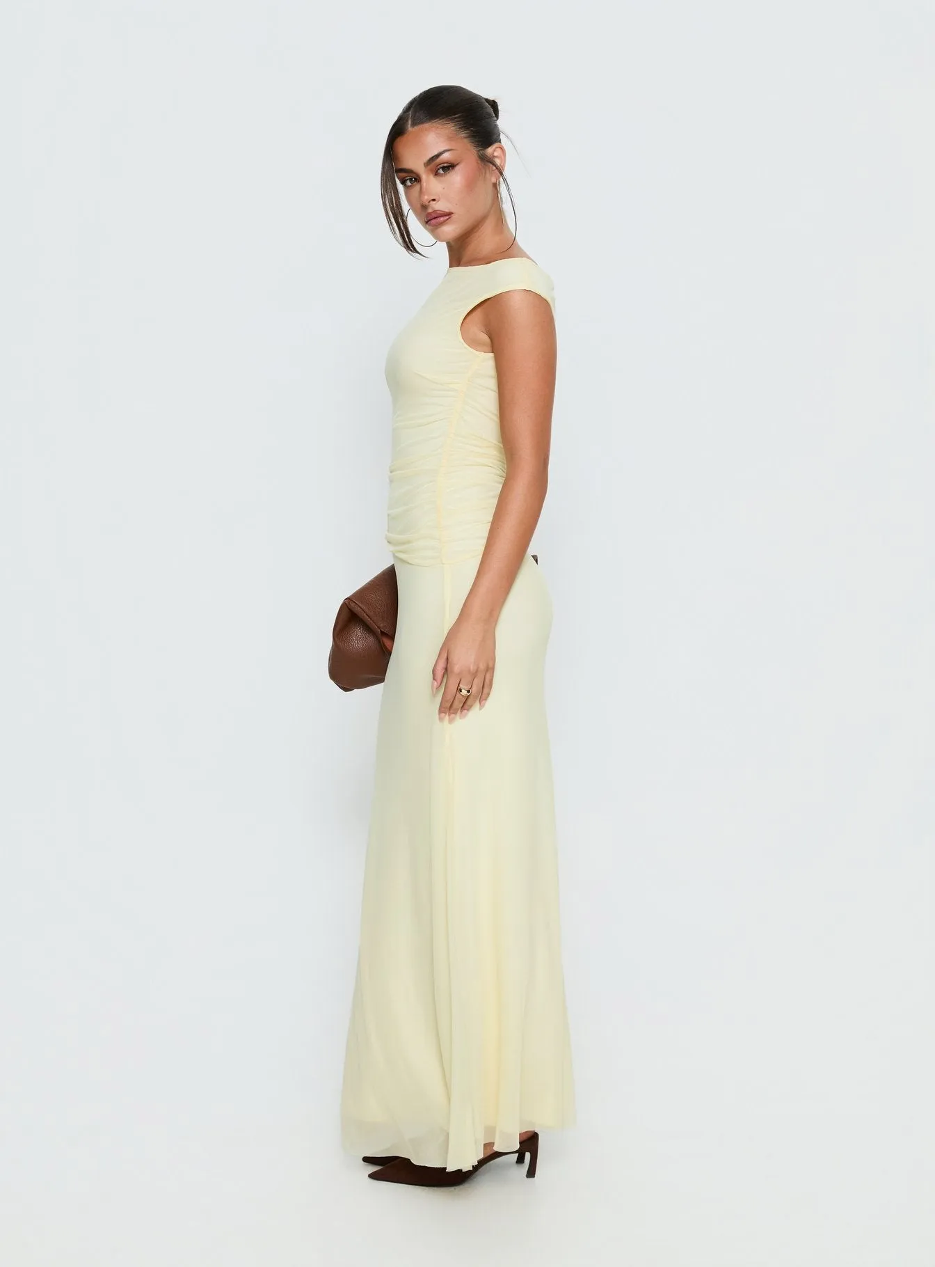 Krystyna Off Shoulder Ruched Mesh Maxi Dress Butter sold by Princess Polly product image thumbnail 4