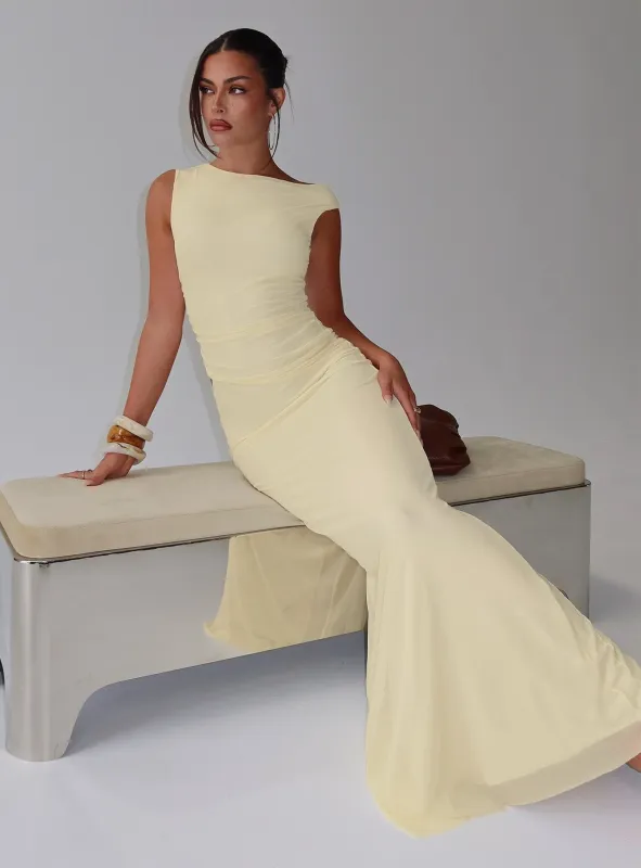 Krystyna Off Shoulder Ruched Mesh Maxi Dress Butter made by Princess Polly