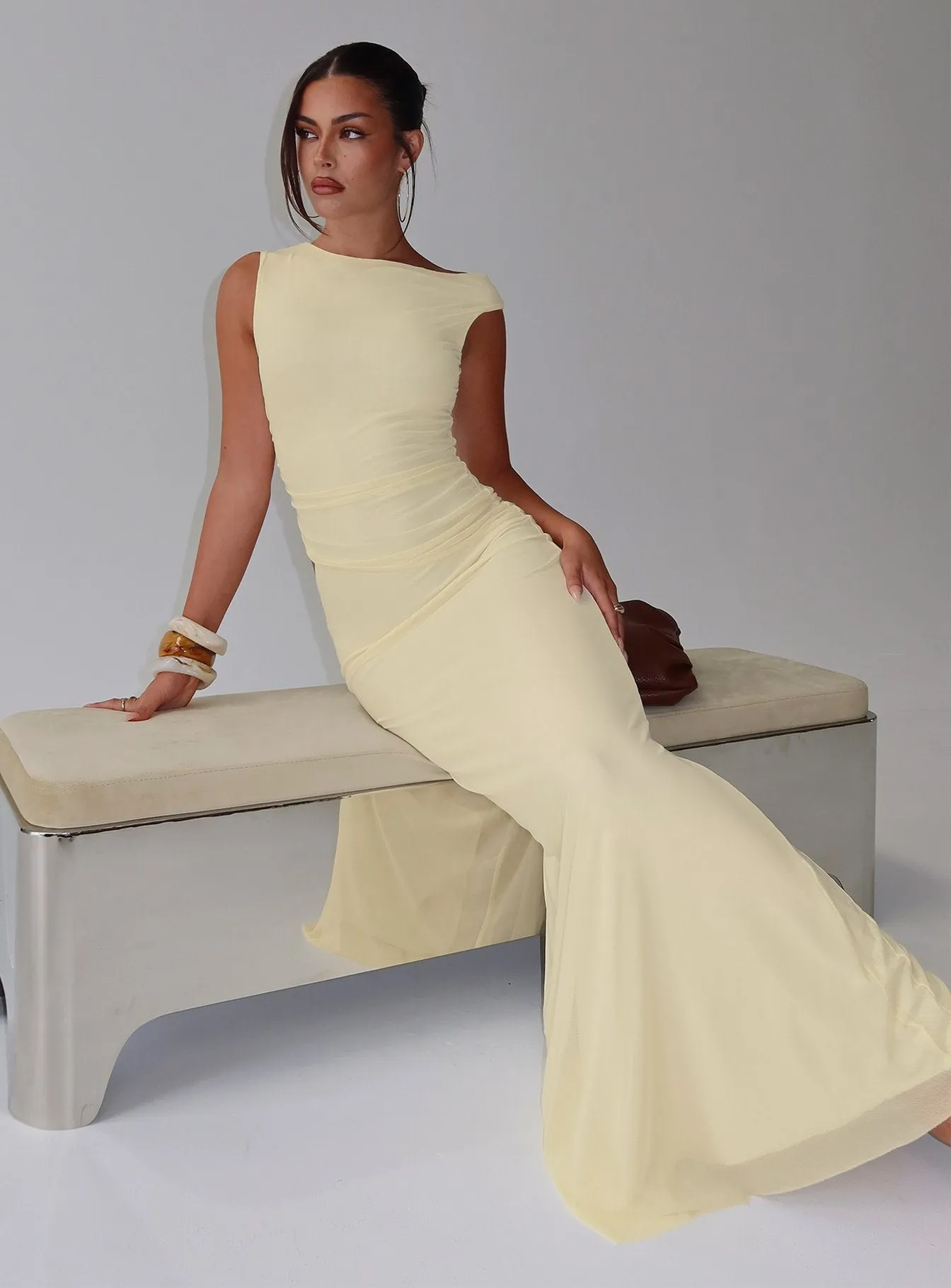 Krystyna Off Shoulder Ruched Mesh Maxi Dress Butter sold by Princess Polly