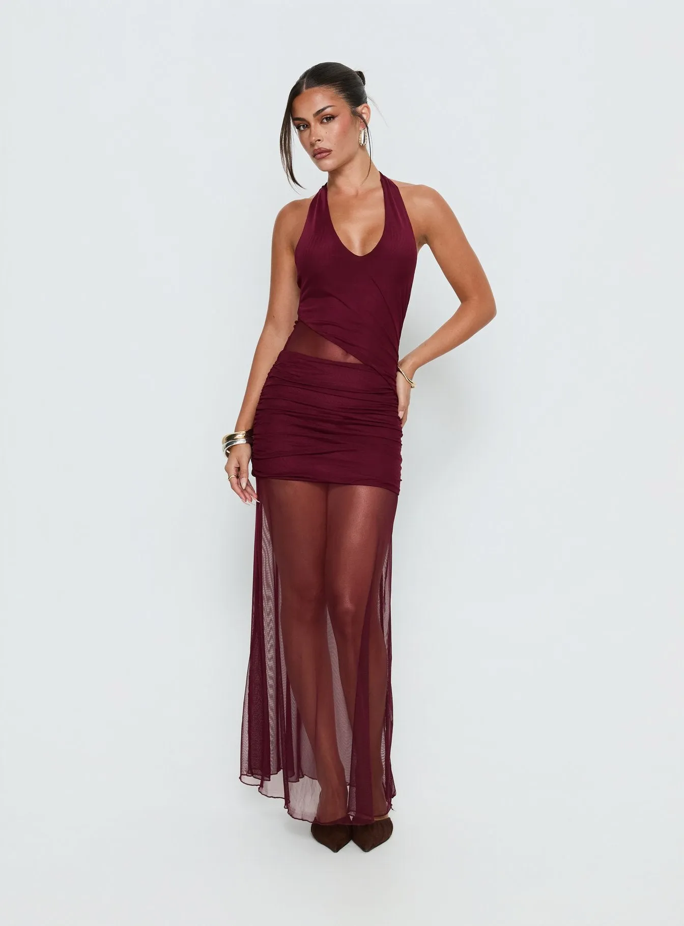 Desta Halter Sheer Maxi Dress Burgundy sold by Princess Polly product image thumbnail 2