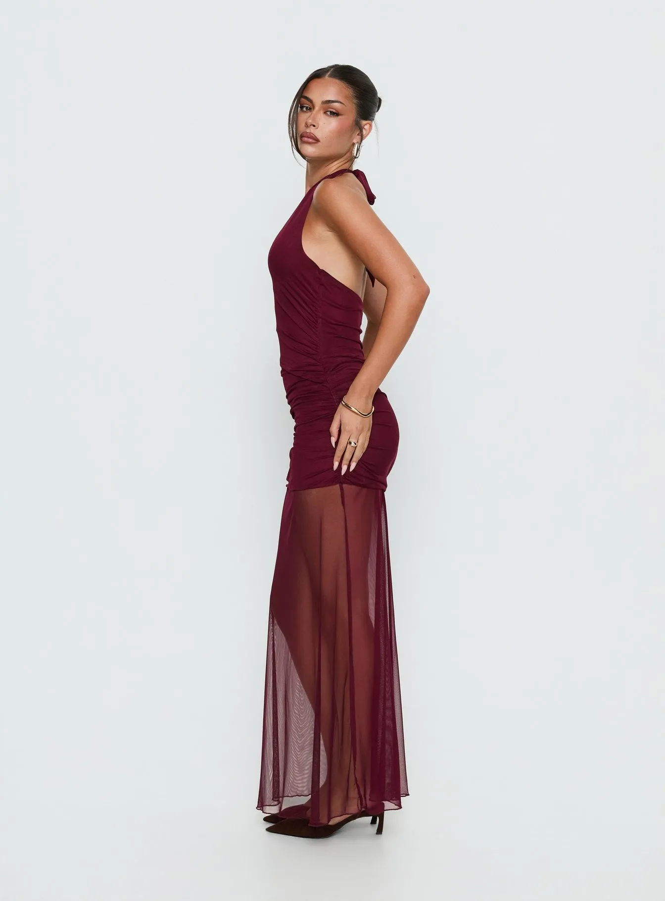 Desta Halter Sheer Maxi Dress Burgundy sold by Princess Polly product image thumbnail 3