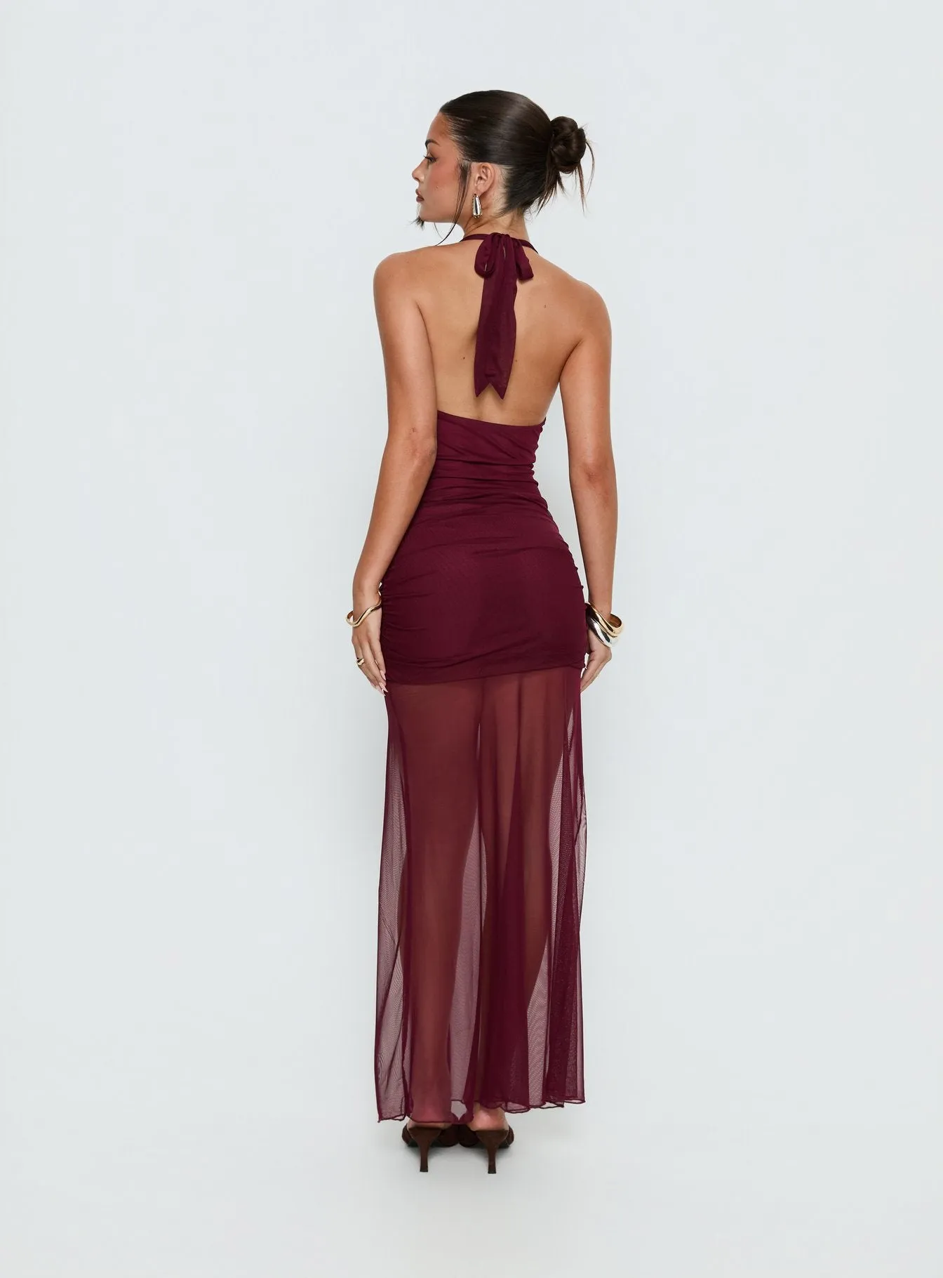 Desta Halter Sheer Maxi Dress Burgundy sold by Princess Polly product image thumbnail 4
