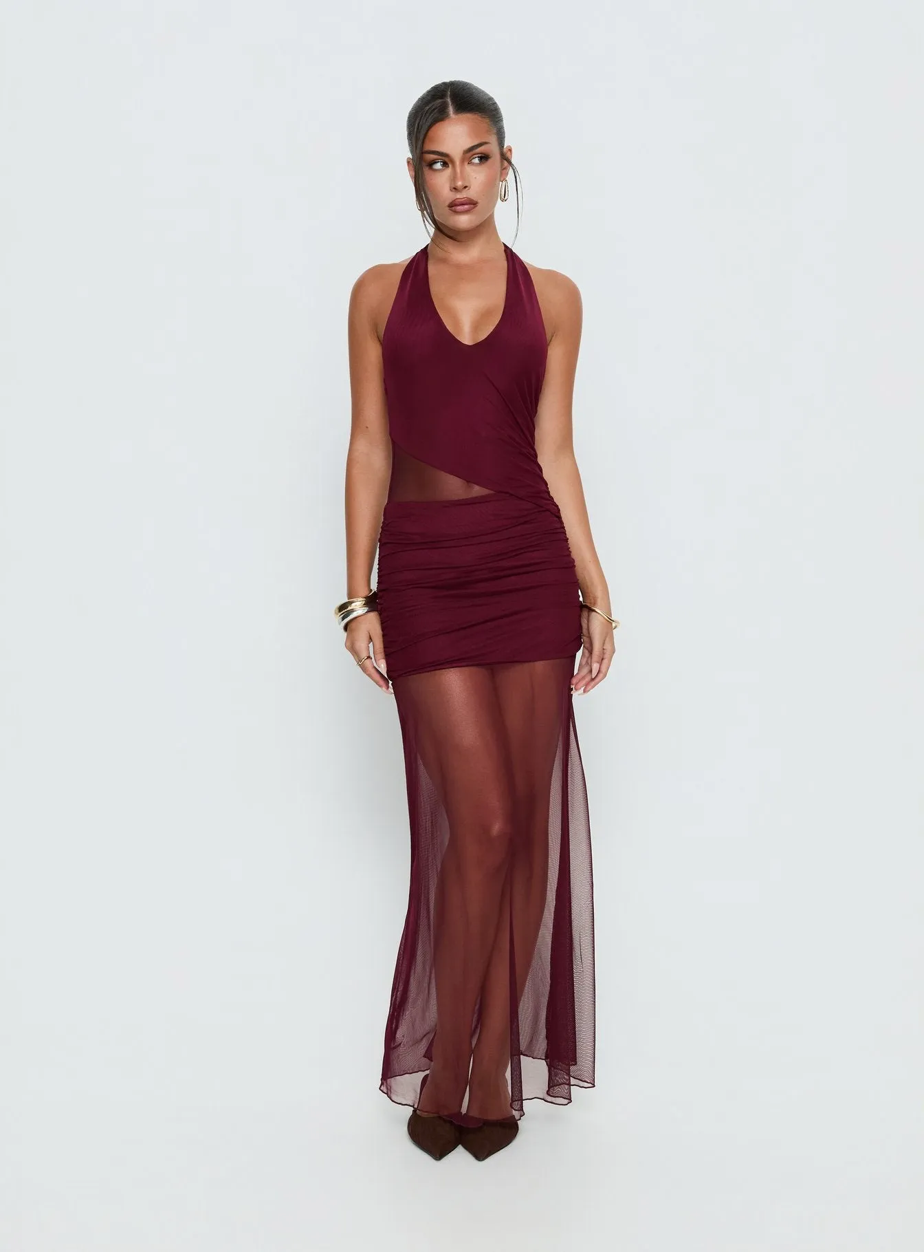 Desta Halter Sheer Maxi Dress Burgundy sold by Princess Polly