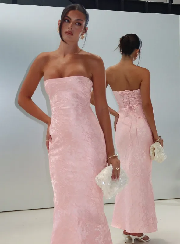 Lips Are Sealed Strapless Lace-Up Back Maxi Dress Pink made by Princess Polly