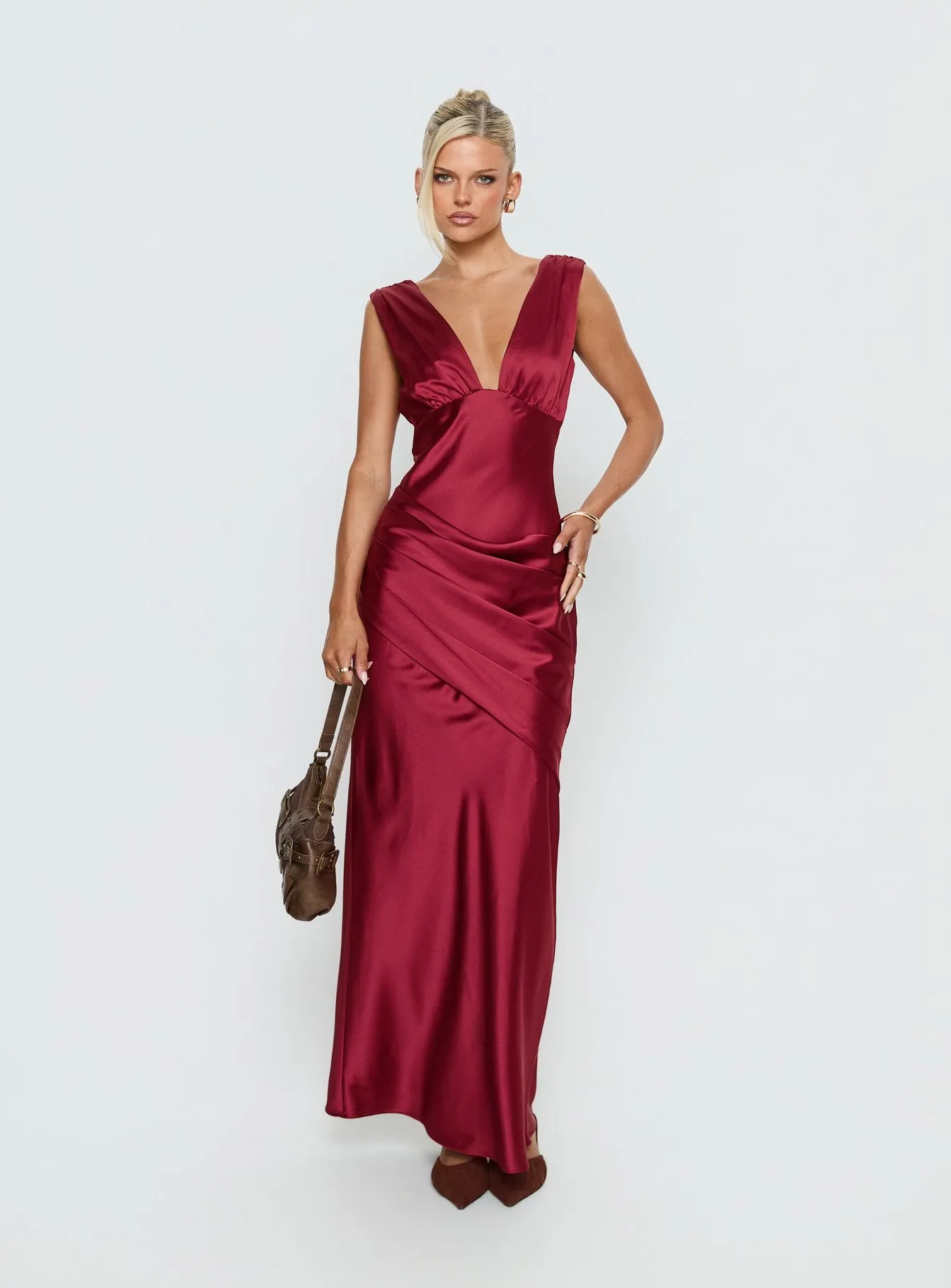 False Alarm Plunge Asymmetrical Pleat Maxi Dress Red sold by Princess Polly product image thumbnail 2