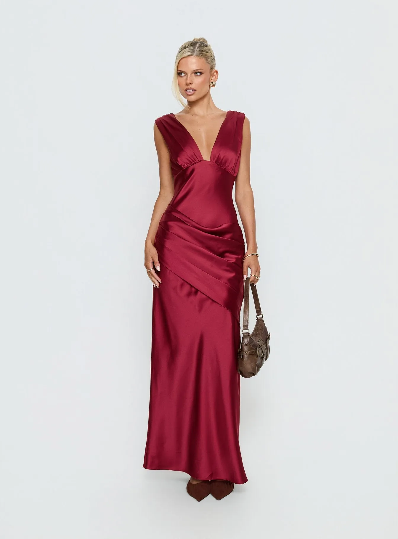 False Alarm Plunge Asymmetrical Pleat Maxi Dress Red sold by Princess Polly product image thumbnail 3