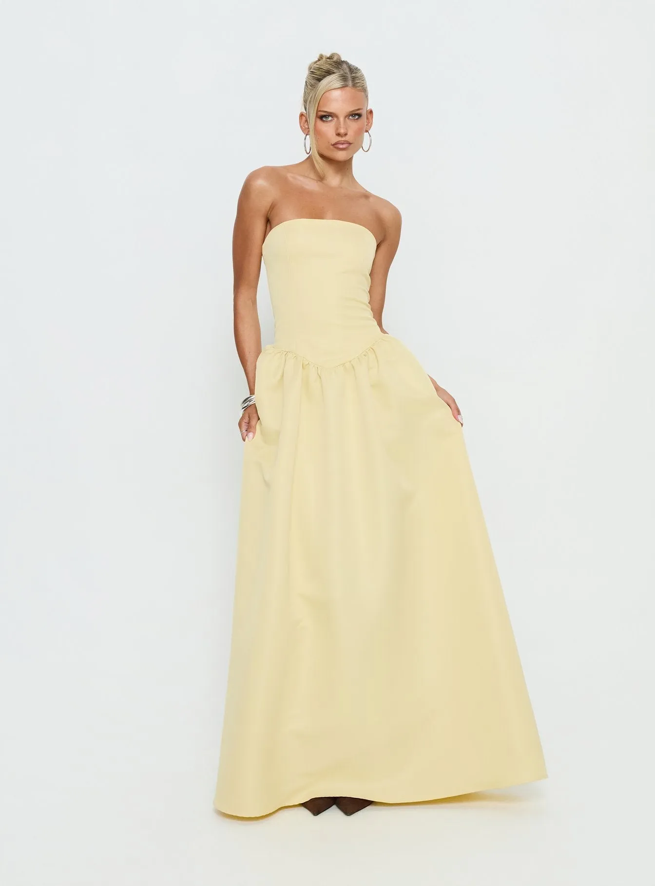 Soft Bloom Drop Waist Strapless Maxi Dress Yellow sold by Princess Polly product image thumbnail 2
