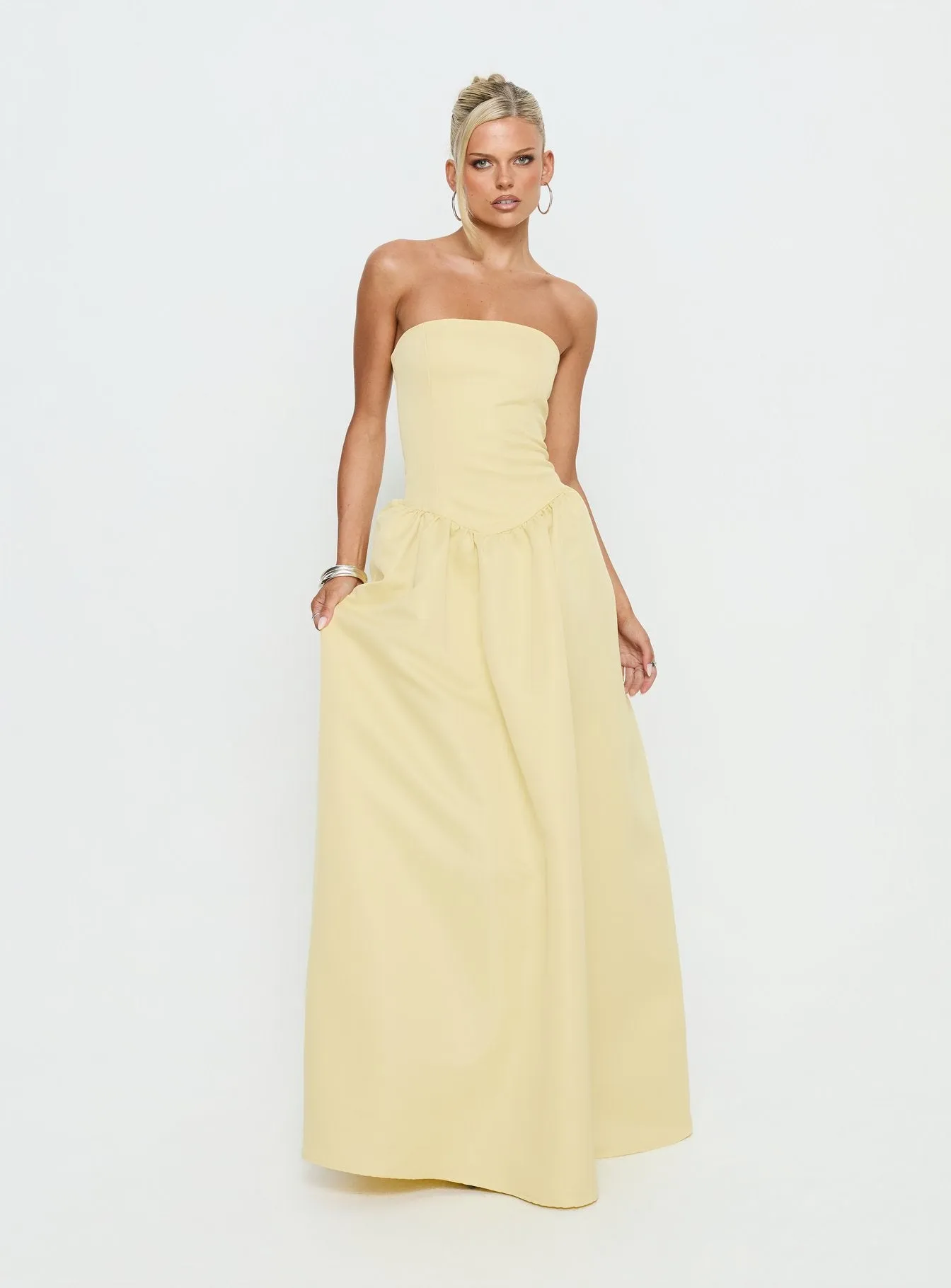 Soft Bloom Drop Waist Strapless Maxi Dress Yellow sold by Princess Polly product image thumbnail 3