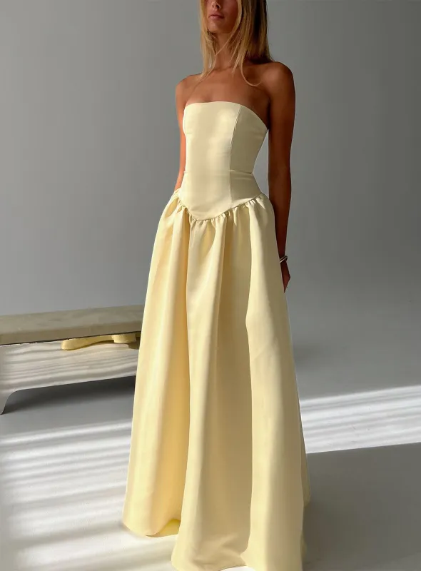 Soft Bloom Drop Waist Strapless Maxi Dress Yellow made by Princess Polly