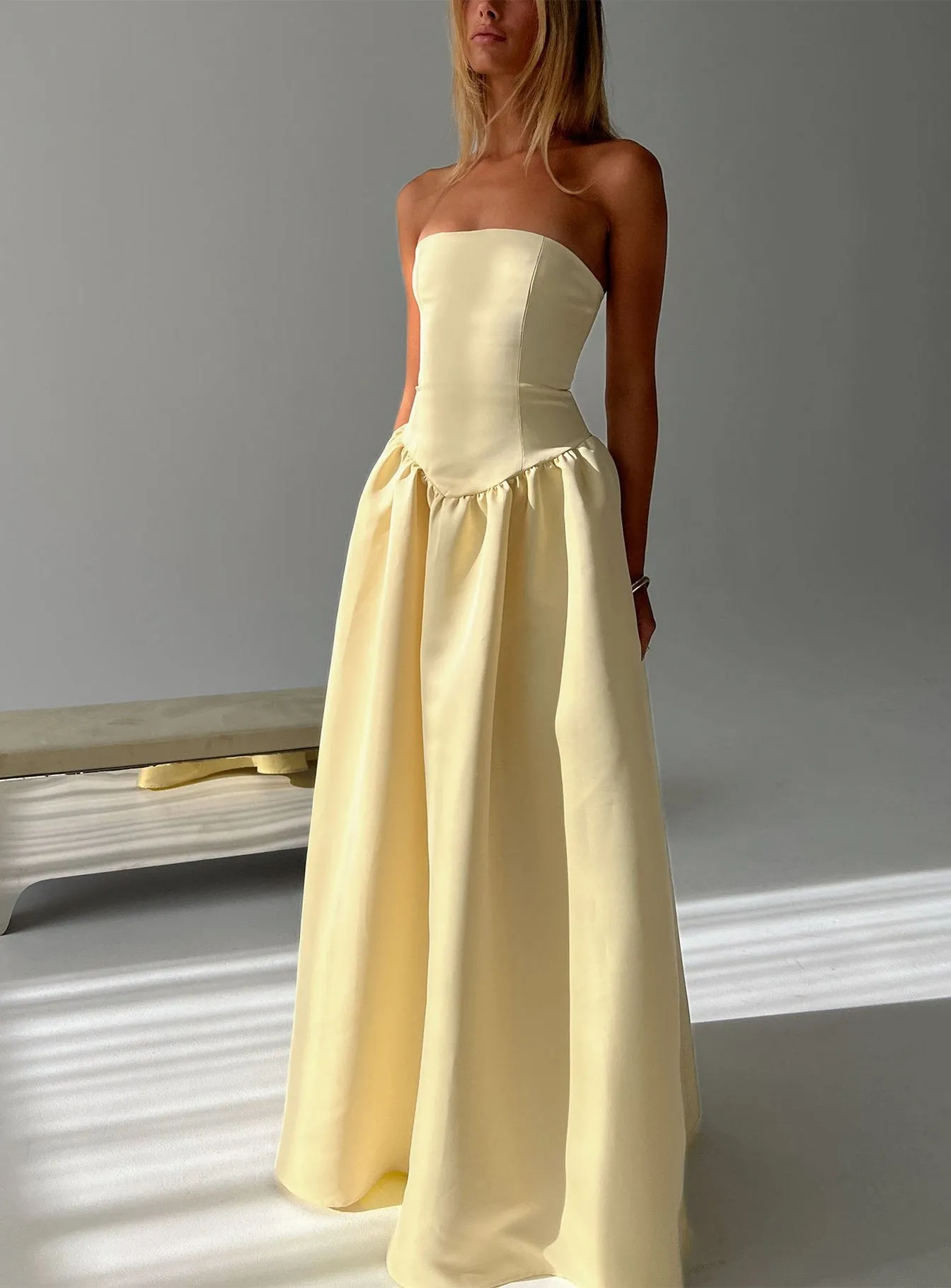 Soft Bloom Drop Waist Strapless Maxi Dress Yellow sold by Princess Polly