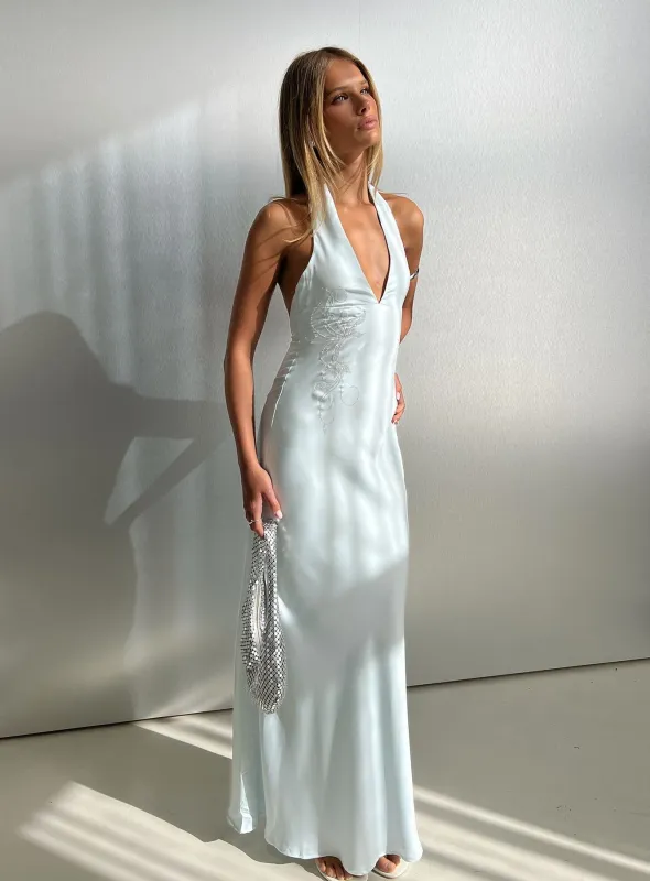 Strawberry Clouds Hotstone Satin Maxi Dress Icy Blue made by Princess Polly