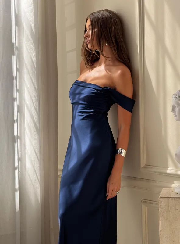 Azura Off The Shoulder Maxi Dress Navy made by Princess Polly