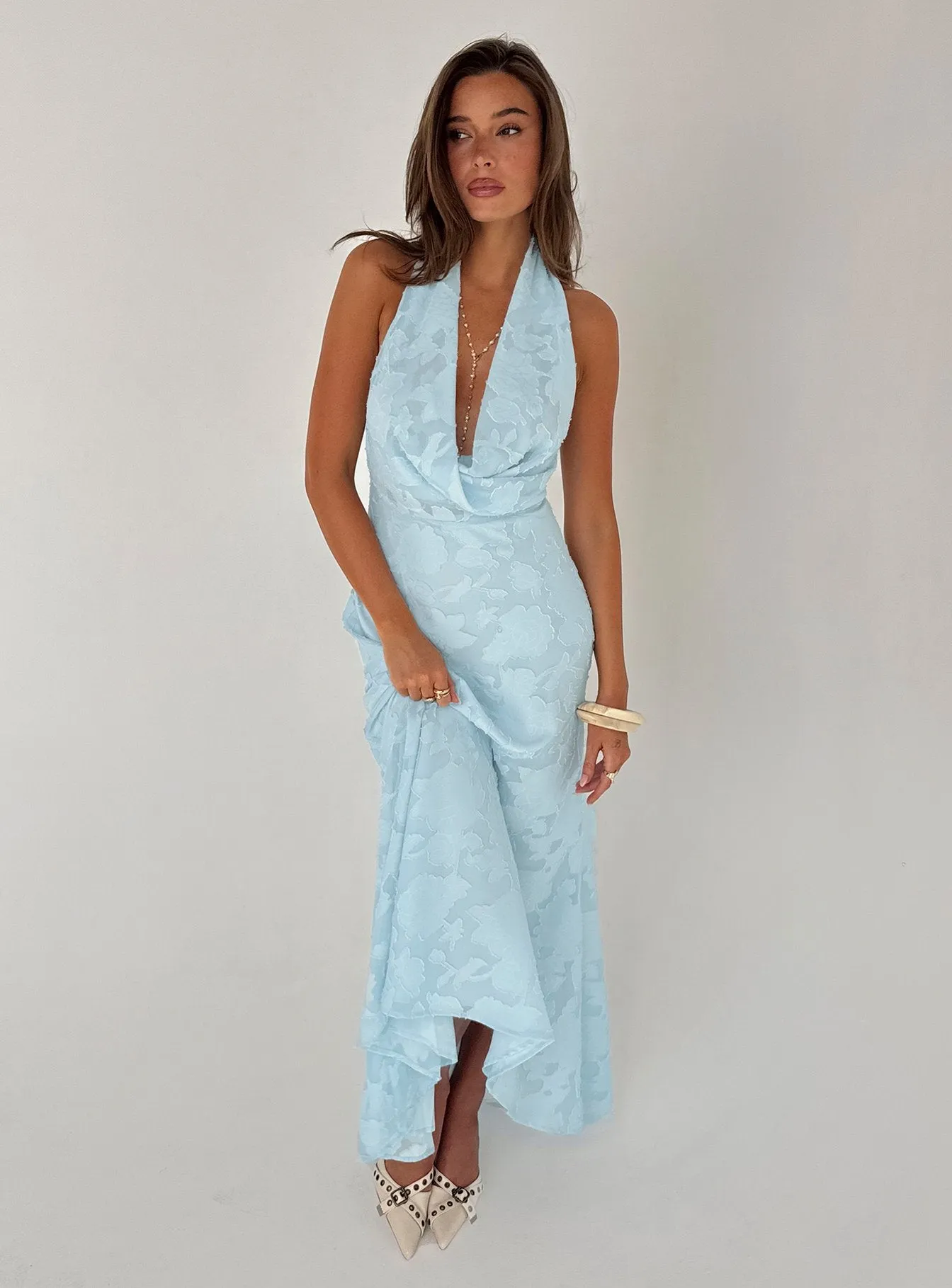 Invisible String Cowl Plunge Backless Maxi Dress Light Blue sold by Princess Polly
