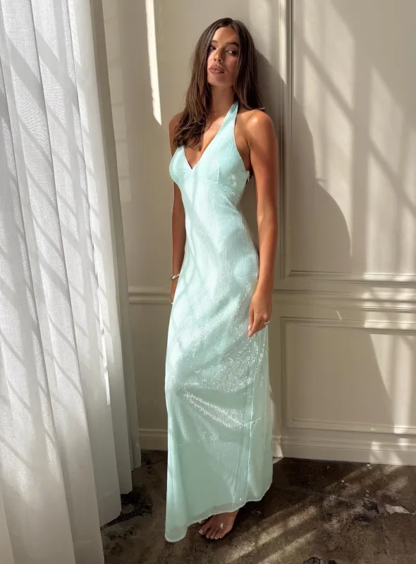 Isanna Halter Sequin Maxi Dress Jelly Mint made by Princess Polly