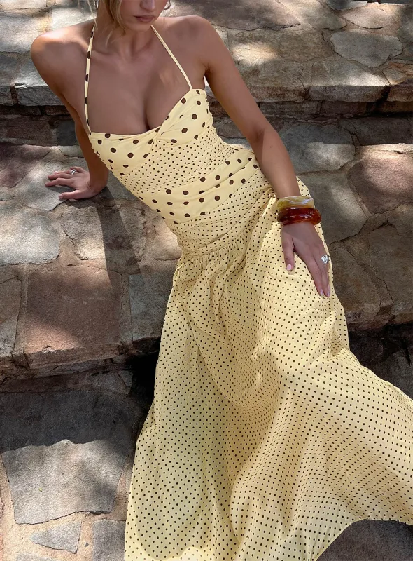 Marguerite Halter Maxi Dress Lemon / Brown Polka Dot made by Princess Polly