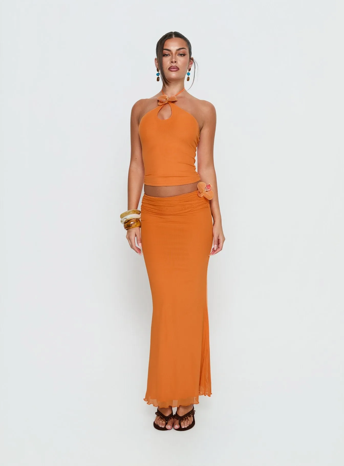 Star Fruit Ruched Waist Maxi Skirt Orange sold by Princess Polly
